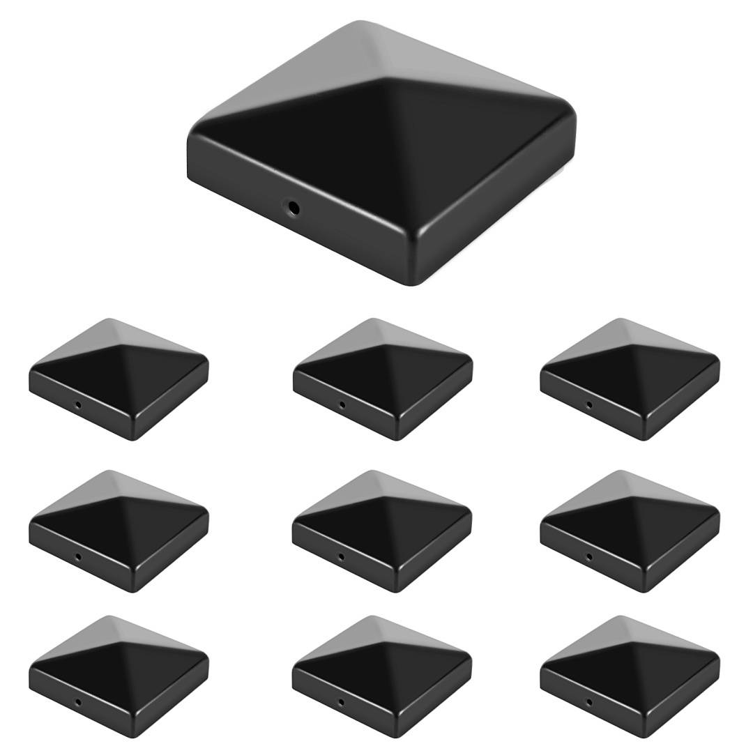 Neun schwarze, pyramidenförmige Objekte, die in einem Gittermuster auf weißem Hintergrund angeordnet sind. Jedes Objekt hat ein kleines Loch auf einer Seite.