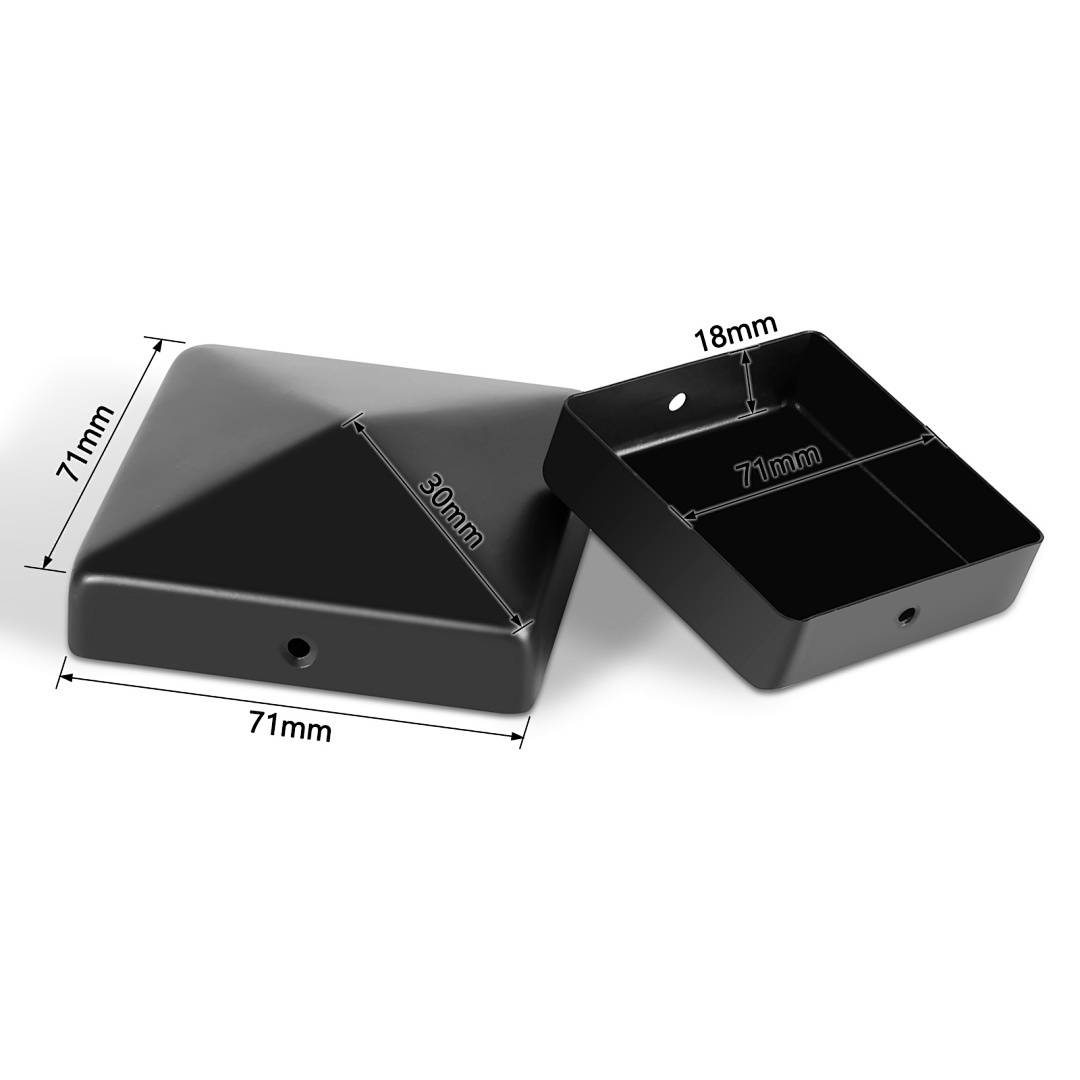 Eine schwarze, quadratische Pyramidenmütze mit den Abmessungen 71 mm x 71 mm x 30 mm in Draufsicht dargestellt. Kanten und Höhe sind mit Dimensionen gekennzeichnet.