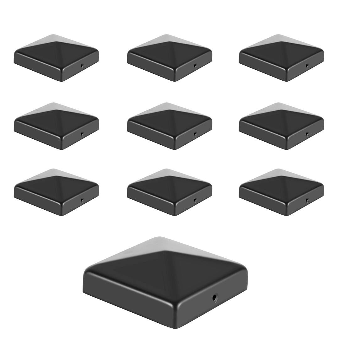 Neun schwarze, pyramidenförmige Objekte in einem Gitter auf weißem Hintergrund angeordnet, aus verschiedenen Blickwinkeln betrachtet, mit einer glänzenden Oberfläche.