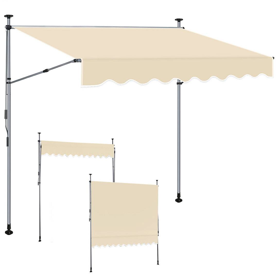 Einziehbare beige Terrassenmarkise mit Metallstützstruktur, aus verschiedenen Blickwinkeln gezeigt, mit Hervorhebung ihrer verstellbaren Ausfahrfunktion.