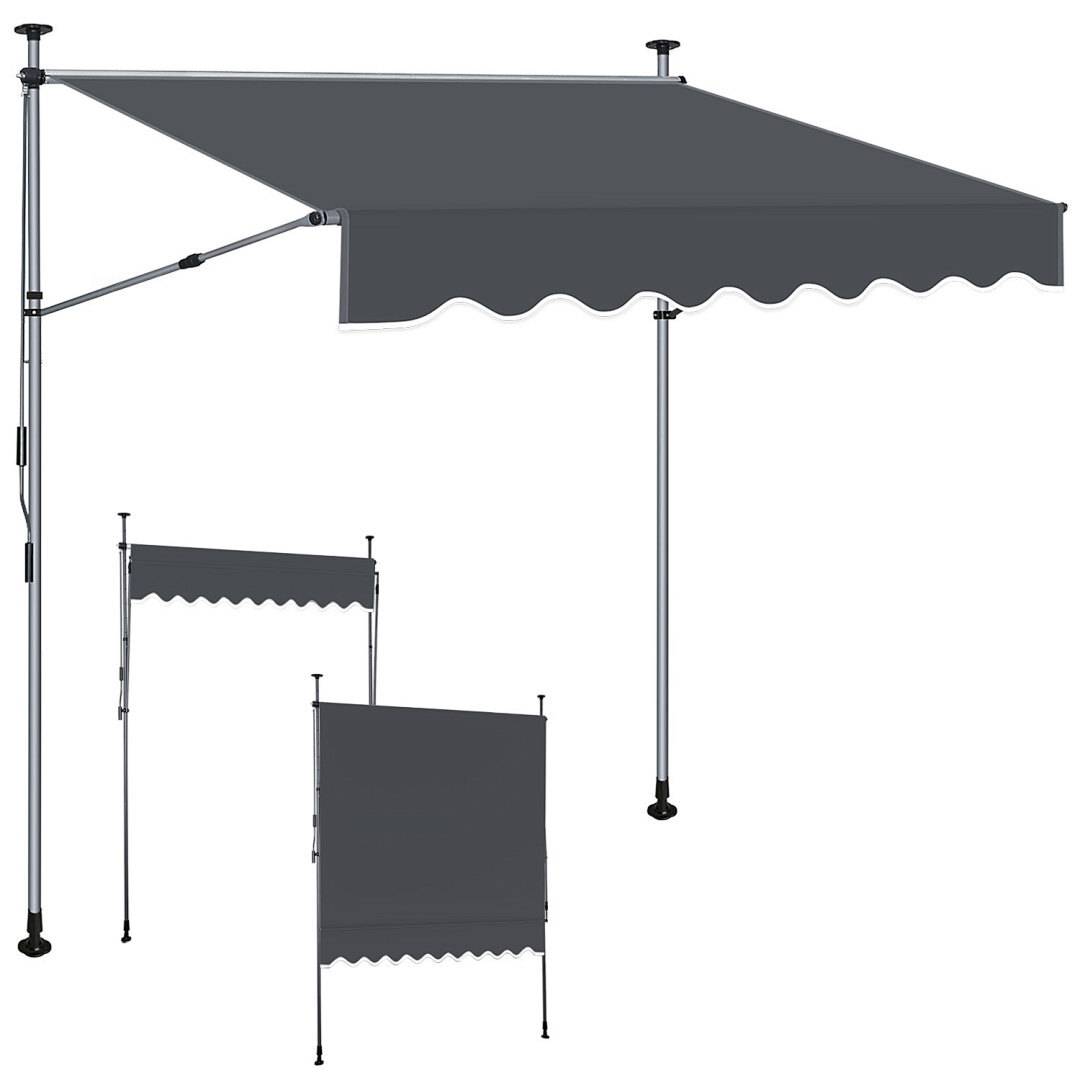 Einziehbare Markise mit Stützpfosten, in ausgefahrener Position dargestellt. Umfasst Seitenansicht und Höhenverstellungsfunktion.