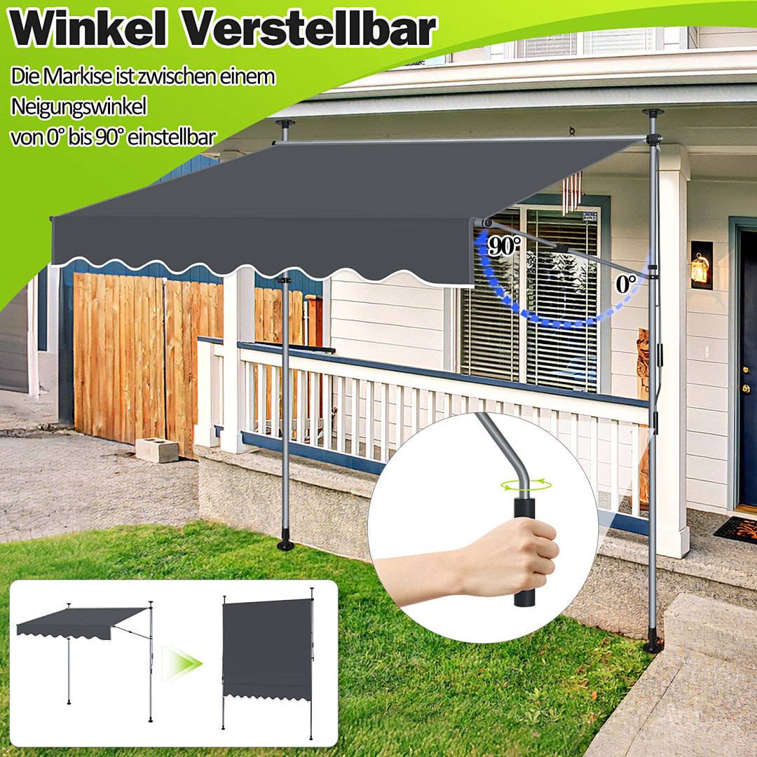 Verstellbare Markise auf einer Terrasse dargestellt, die eine Neigung von 0° bis 90° zeigt. Das Detailbild zeigt eine Hand, die einen Mechanismus verwendet, um den Winkel zu ändern.