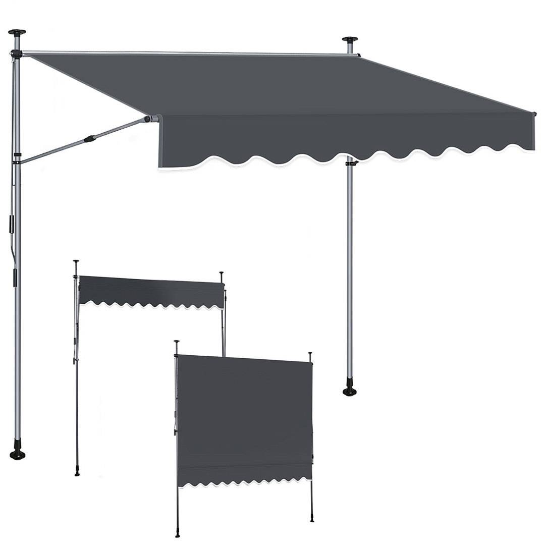 Einziehbare graue Markise mit gewelltem Rand, gezeigt in verschiedenen Positionen. Ideal für Terrassenschatten und Outdoor-Dekoration.