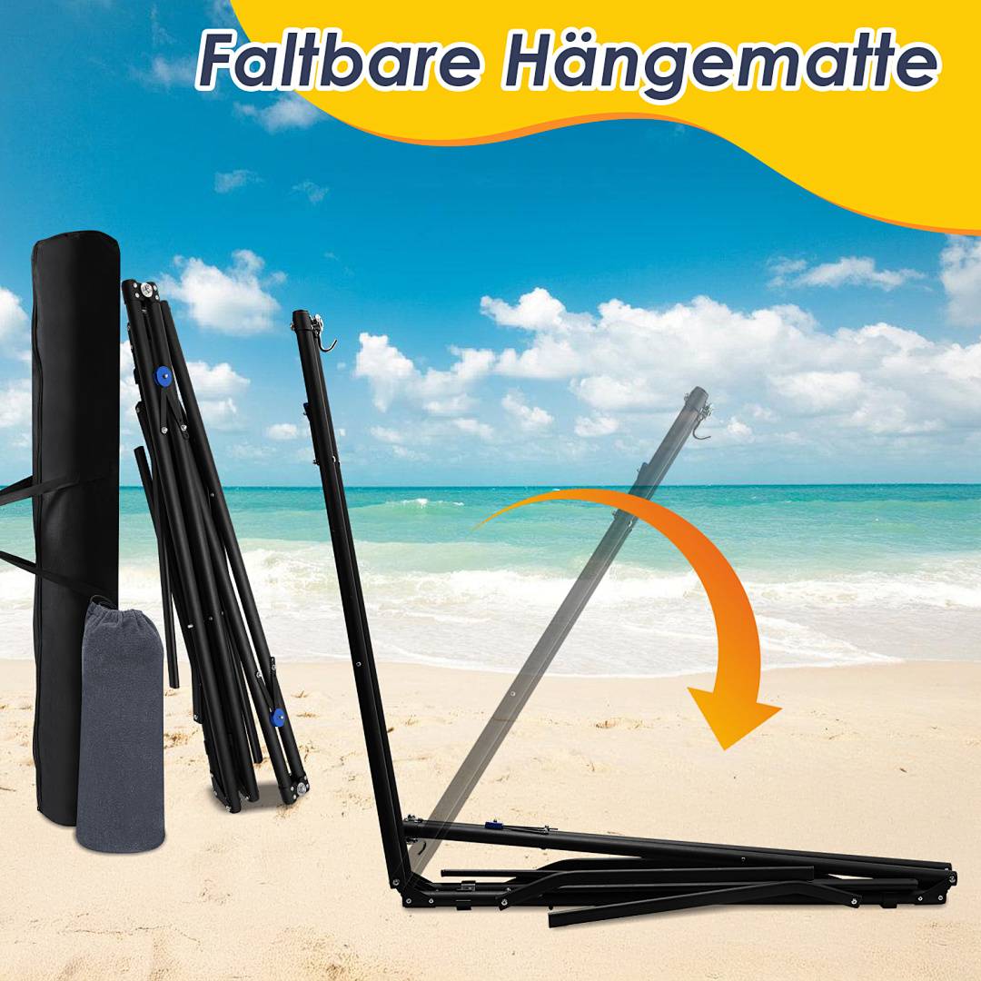 Tragbares Hängemattengitter, das an einem sonnigen Strand angezeigt wird, teilweise zusammengebaut mit einem Pfeil, der die Aufbaurichtung anzeigt, der Text lautet „Faltbare Hängematte