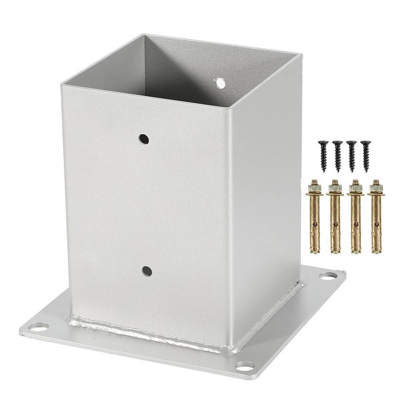 Metallpfosten-Halterungsbasis mit Schraubenlöchern, fünf enthaltene Schrauben und Dübel, verwendet zum Befestigen von Strukturen am Boden.