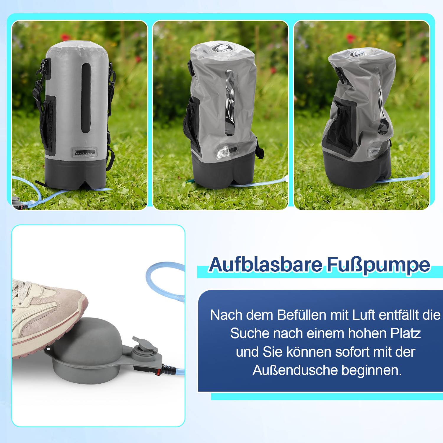 Campingdusche, 12L Outdoordusche mit Fusspumpe und Handbrause, Grau tragbare Outdoor Reisedusche