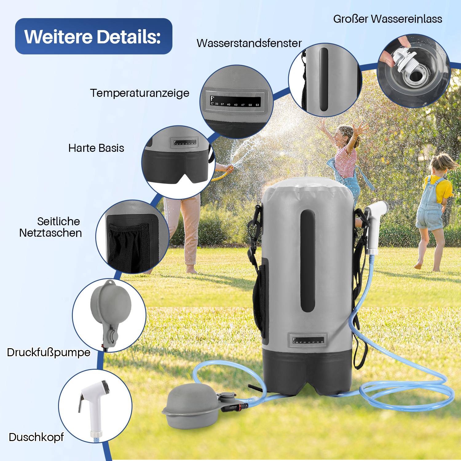 Das Bild zeigt eine tragbare Dusche mit folgenden Details: Wasserspiegelanzeige, Thermometer, Duschkopf, harte Basis, Netzbeutel, Druckpumpe und Druckknopf. Kinder spielen im Hintergrund.