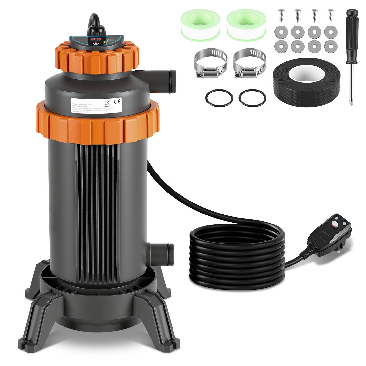 Wasserpumpensatz mit schwarzem zylindrischem Gehäuse, orangefarbiger Oberseite und angebrachtem Stromkabel. Enthält Zubehör: Klebeband, Klemmen, Dichtungen und einen Schraubenzieher.