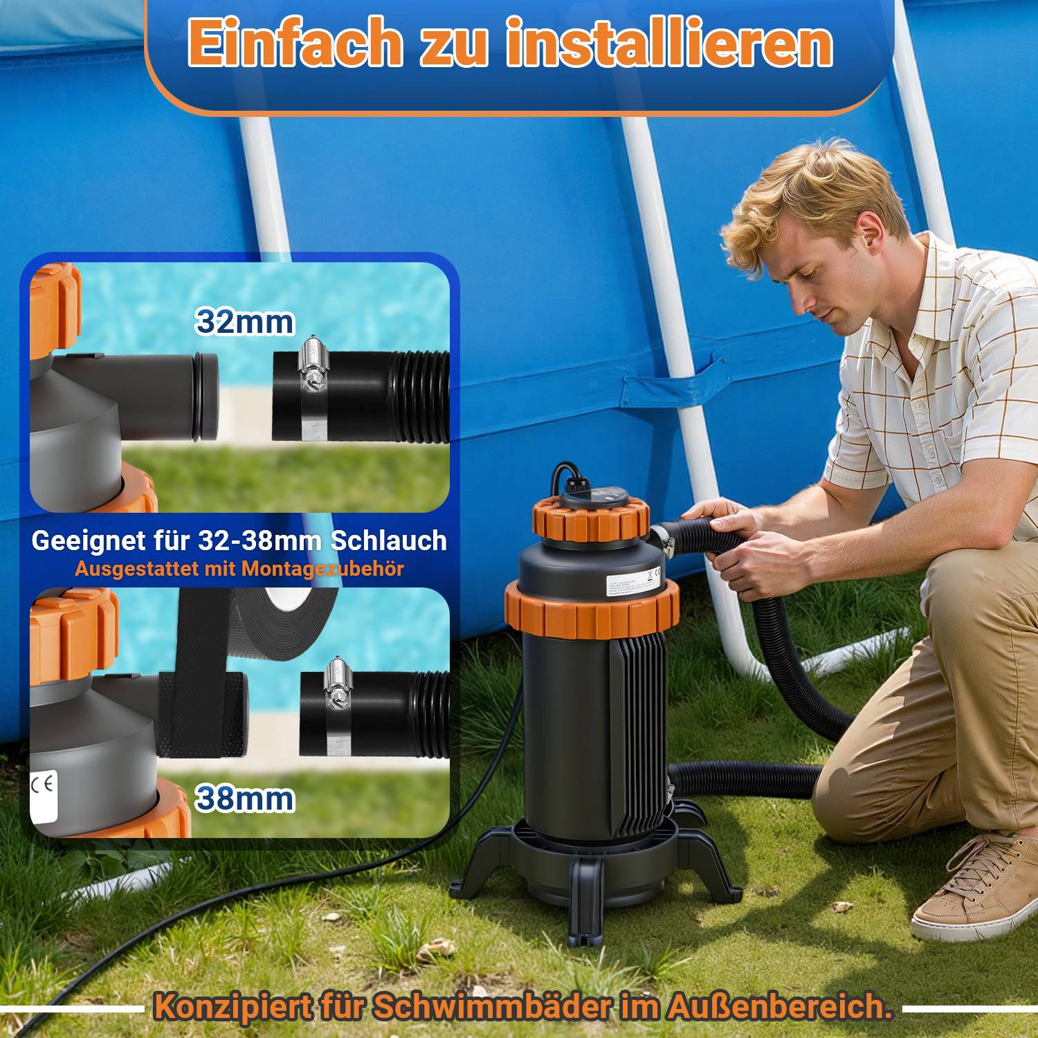 Eine Person installiert eine Poolpumpe neben einem blauen Pool. Das Bild hebt zwei Schlauchverbindungen hervor, die mit „32mm