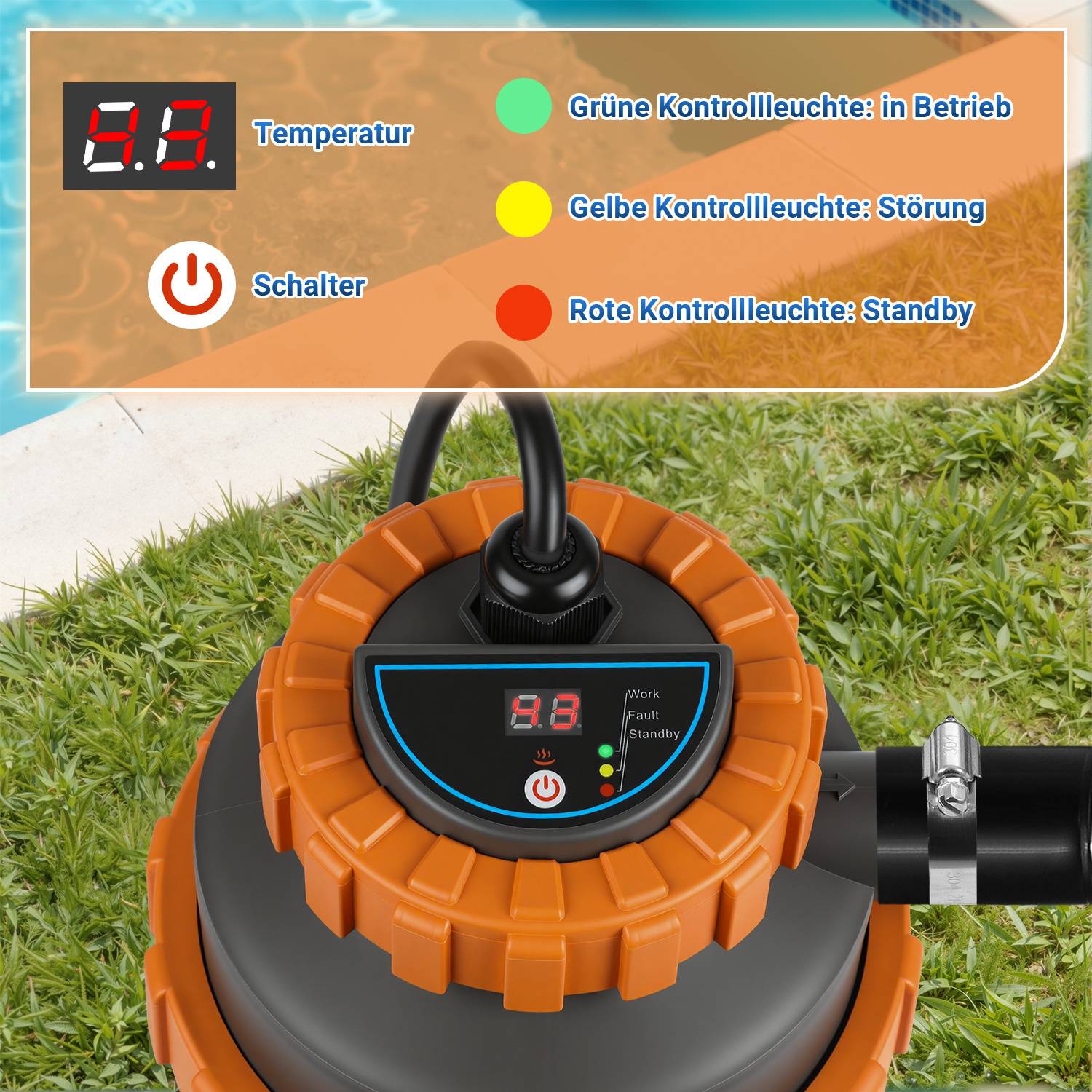 Poolpumpe mit orangem Gehäuse zeigt ein digitales Display mit der Anzeige „9,8