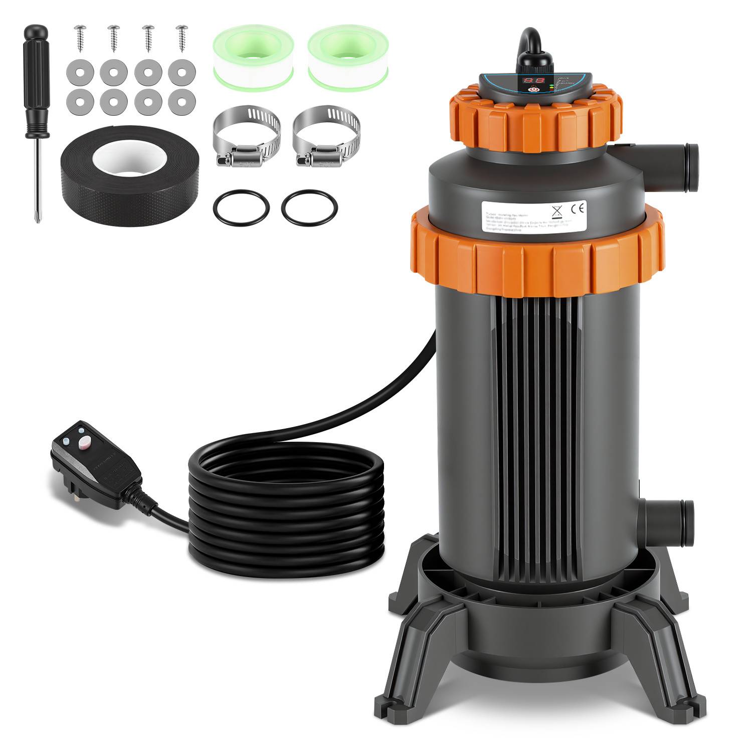 Tauchbare Wasserfilterpumpe mit orangefarbiger Kappe, schwarzem Gehäuse und Stromkabel. Enthält Installationsteile: Schraubendreher, Schellen, O-Ringe und Dichtungen.