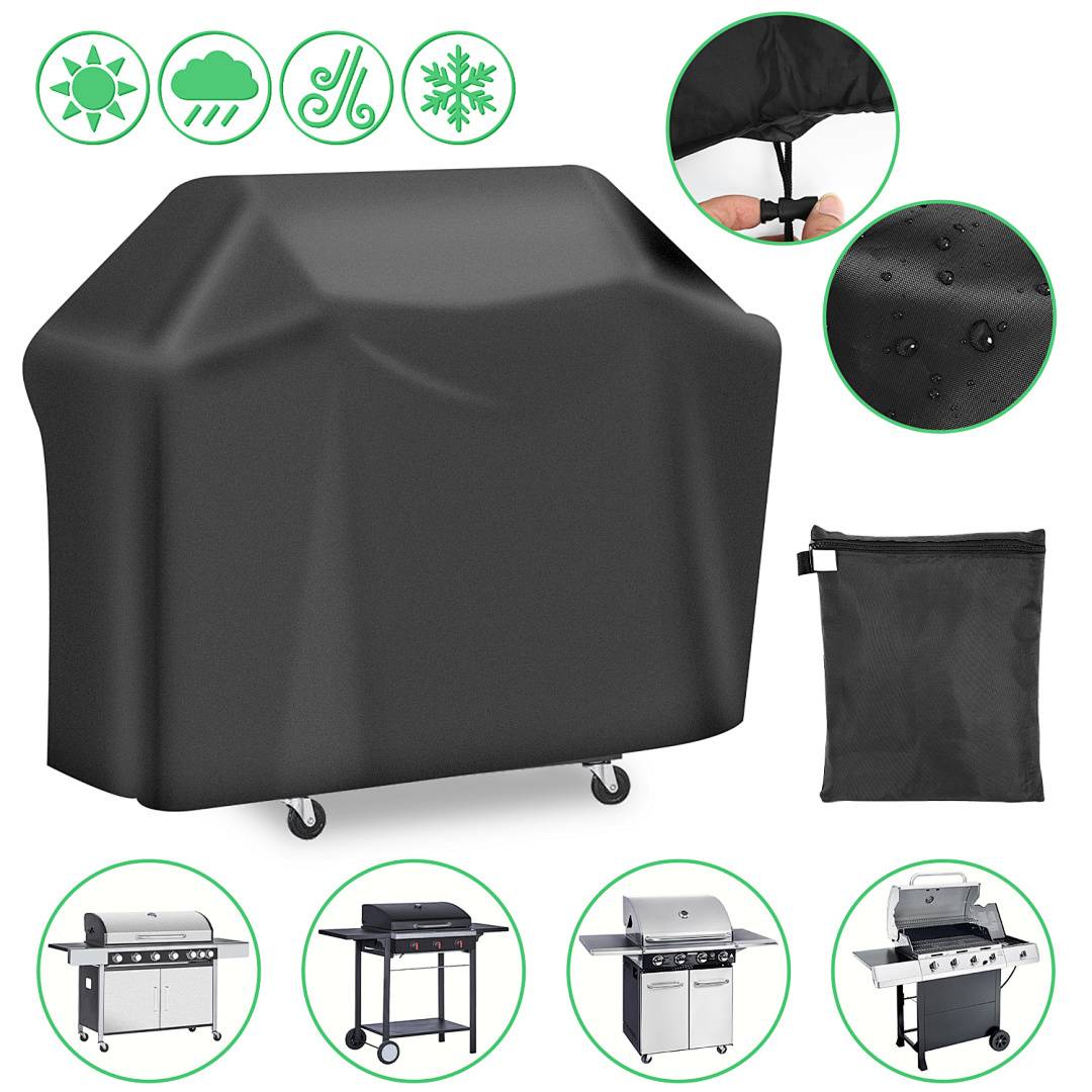 Schwarze Grillabdeckung mit wasserdicht, winddicht, UV- und schneeresistent Symbolen. Mit Riemen und Tasche. Passt auf verschiedene unten abgebildete Grilltypen.