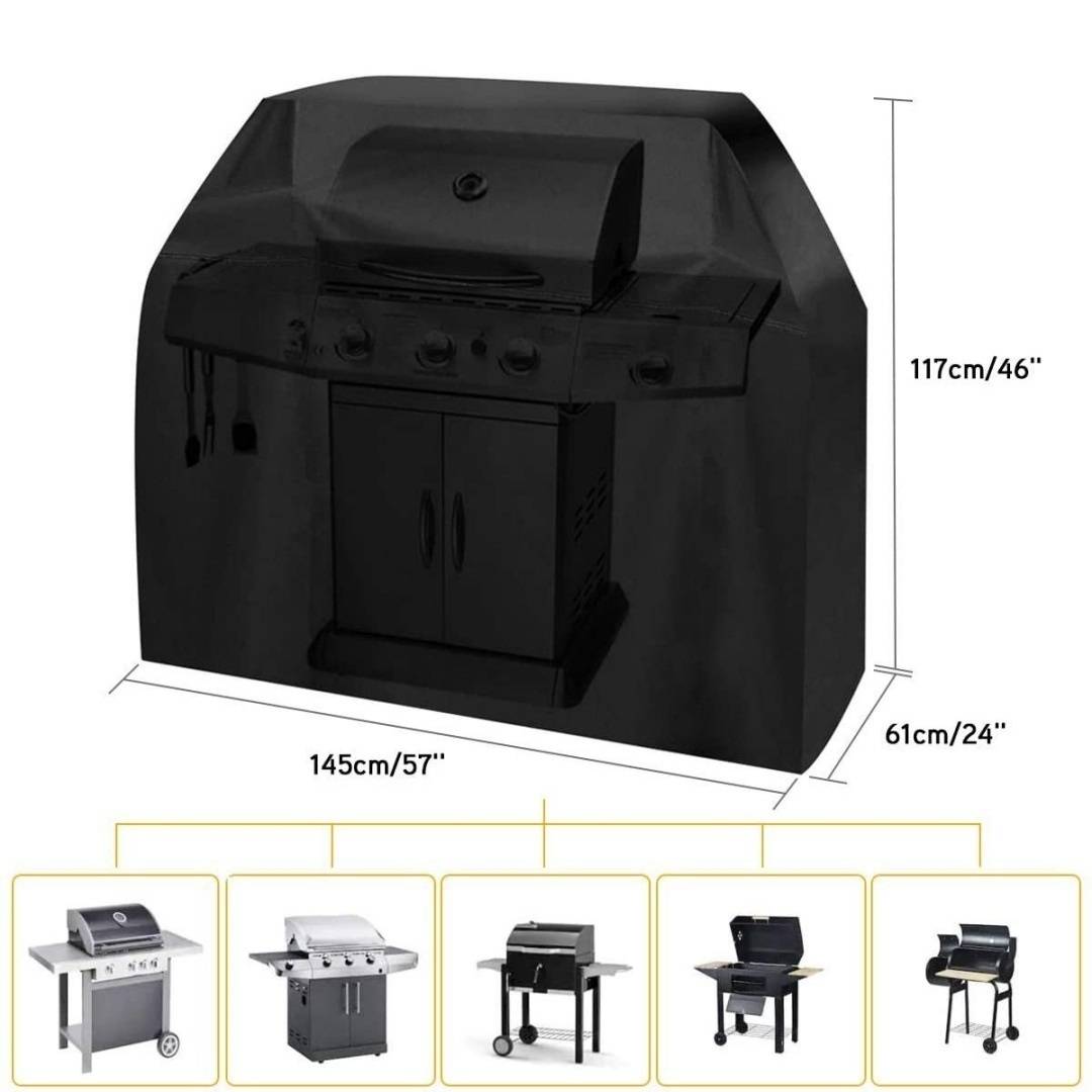 Eine schwarze Grillabdeckung auf einem großen Grill, Abmessungen: 117 cm hoch, 145 cm breit, 61 cm tief. Darunter sechs Bilder verschiedener abgedeckter Grills.