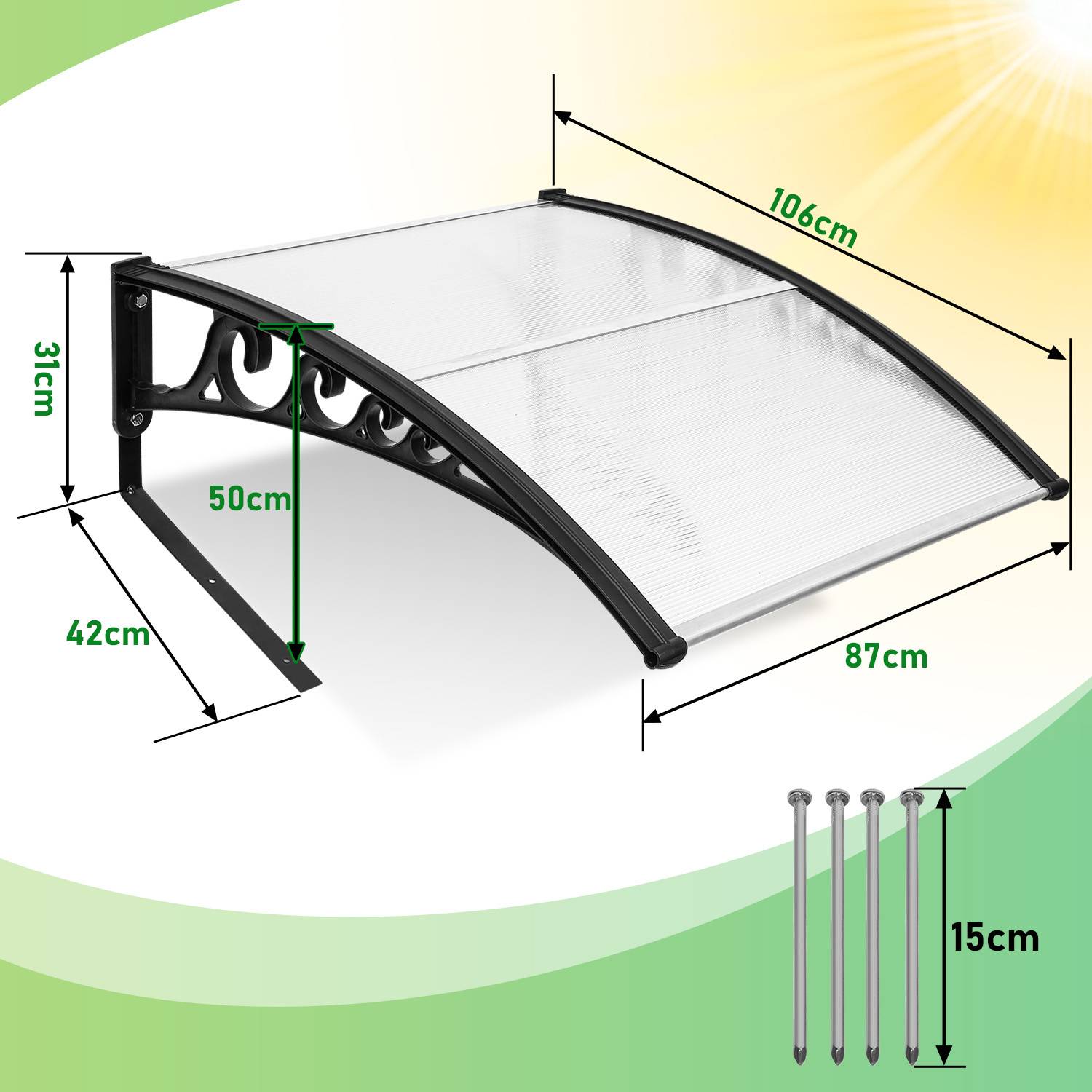 Ein schwarzes und transparentes Vordach mit Abmessungen: Breite 106cm, Tiefe 87cm, Höhe 31cm. Inklusive Befestigungen und einer Stützhalterung in 50cm Höhe.
