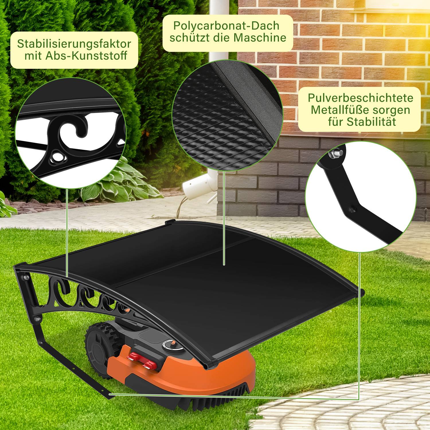 Ein Rasenmäher mit schutzendem Polycarbonatdach und Details zu stabilitätsverstärkenden Merkmalen, einschließlich ABS-Kunststoff und Metallbeinen.