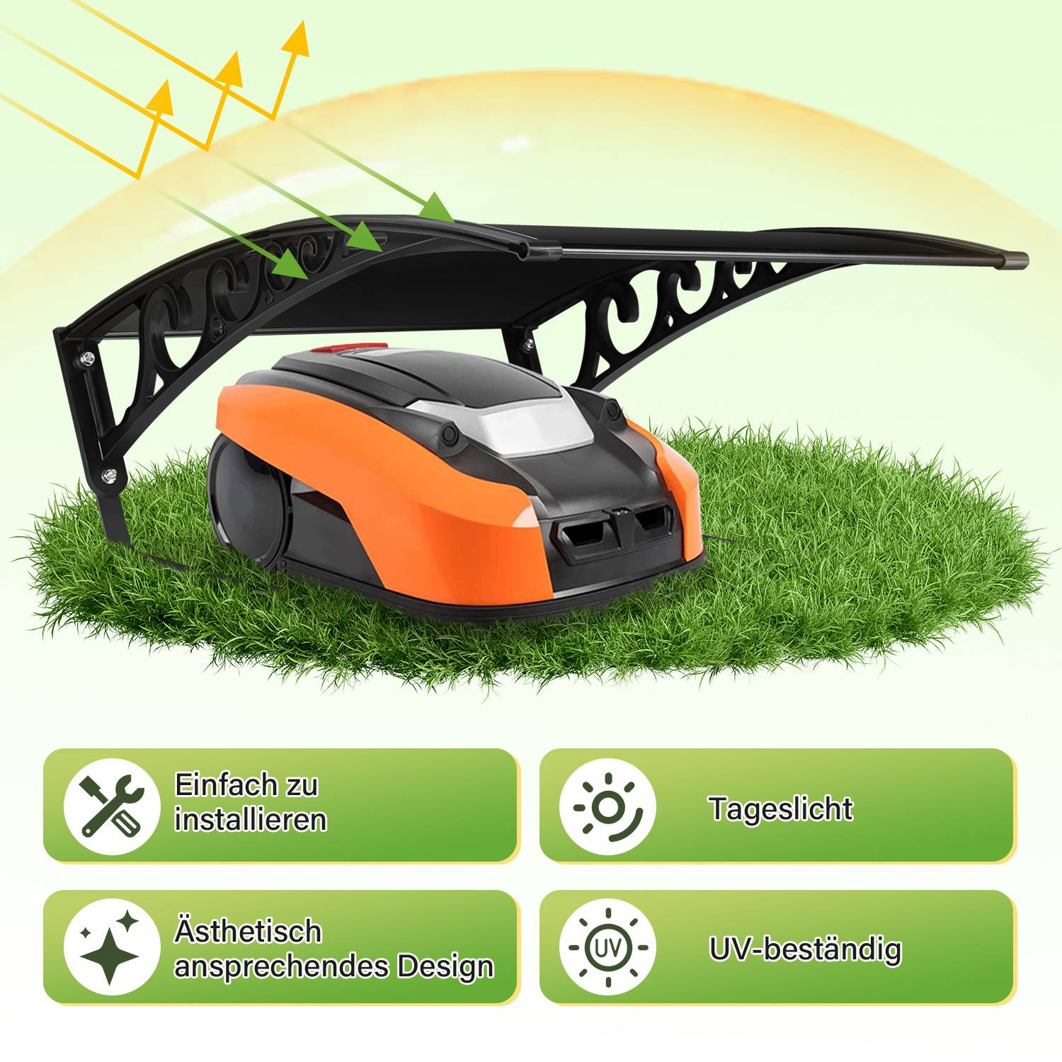 Automatischer Rasenmäher unter einem dekorativen Baldachin auf Gras. Symbole darunter betonen: einfache Installation, ästhetisches Design, Tagsüber-Betrieb, UV-Beständigkeit.