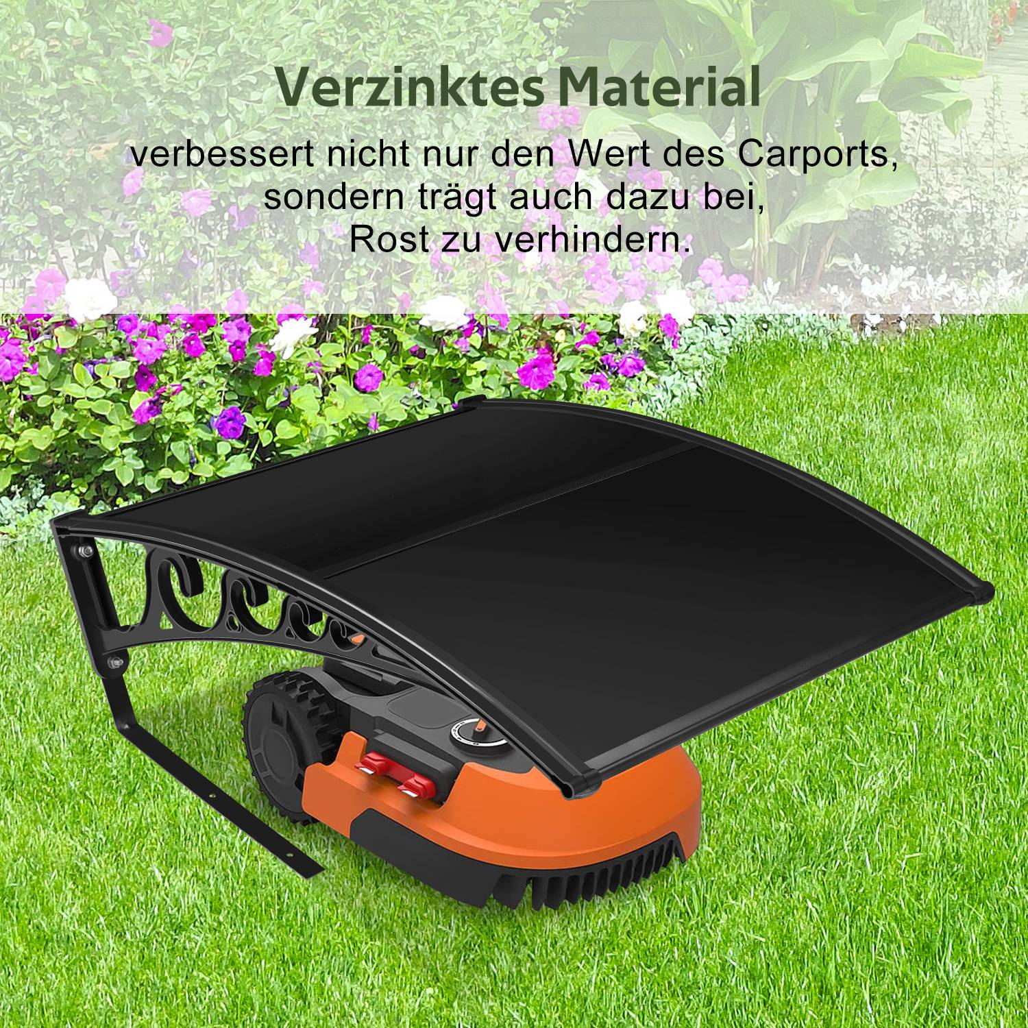 Ein Rasenmäher sitzt unter einem schützenden schwarzen Baldachin in einem Garten mit blühenden Blumen. Der Text oben vermerkt, dass das verzinkte Material Rostbildung verhindert.
