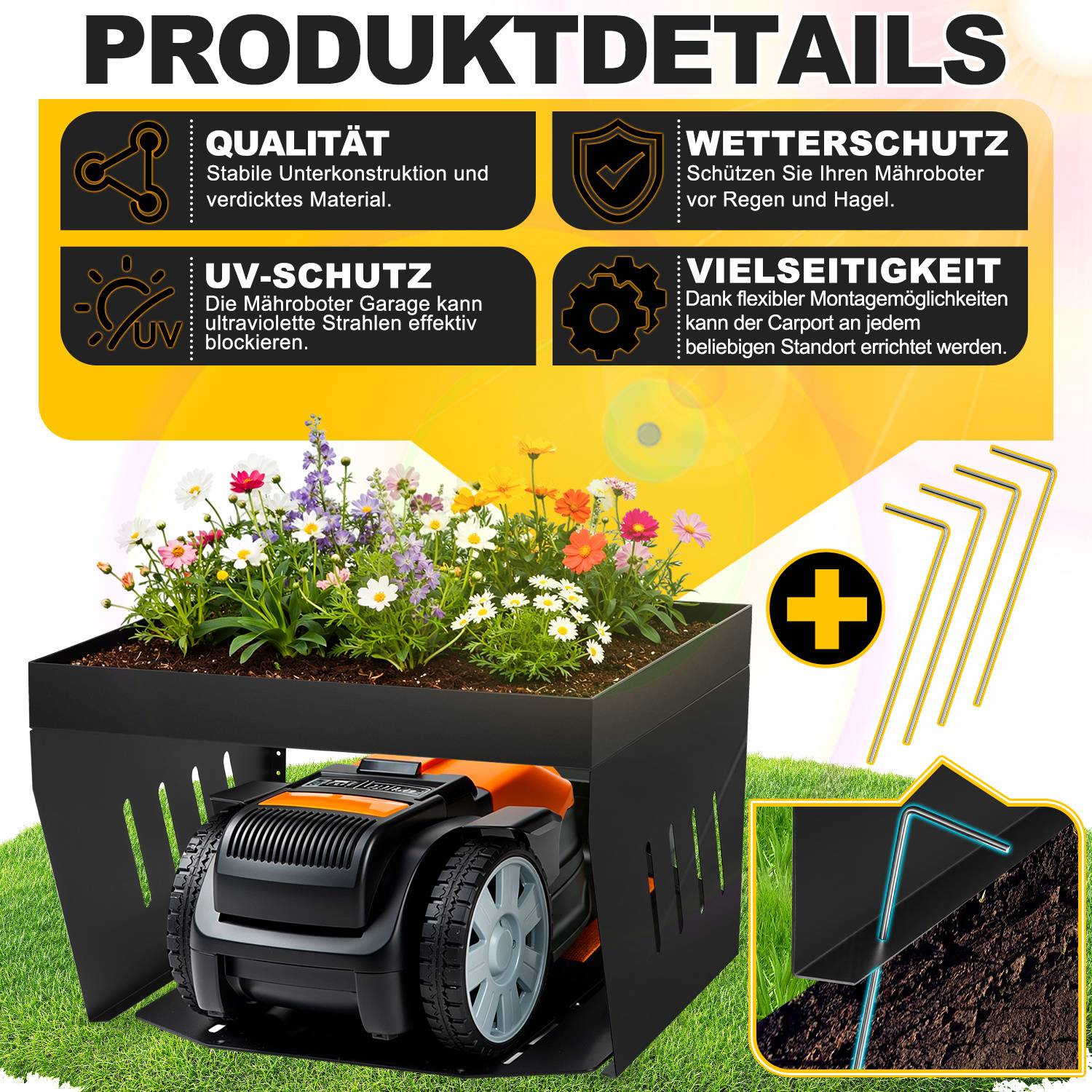 Das Bild zeigt einen Roboter-Rasenmäher unter einer Schutzabdeckung mit Pflanzenaufsatz geparkt. Der Text hebt seine Qualität, UV-Schutz, Witterungsbeständigkeit und Vielseitigkeit hervor.