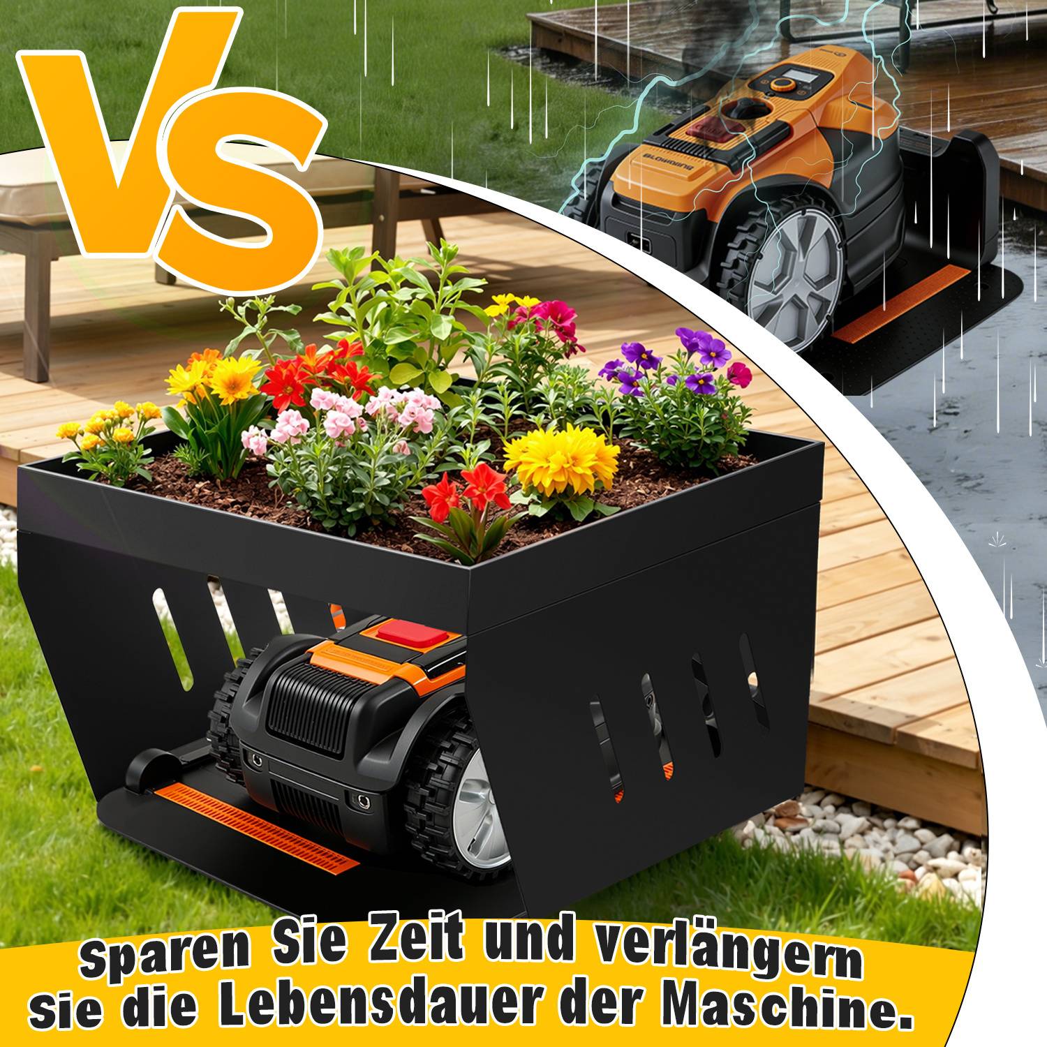 Rasenmäher in einer Schutzhülle neben einem Blumenbeet, verglichen mit einem ungeschützten, nassen Rasenmäher draußen; Text in deutscher Sprache, der zum Schutz auffordert.