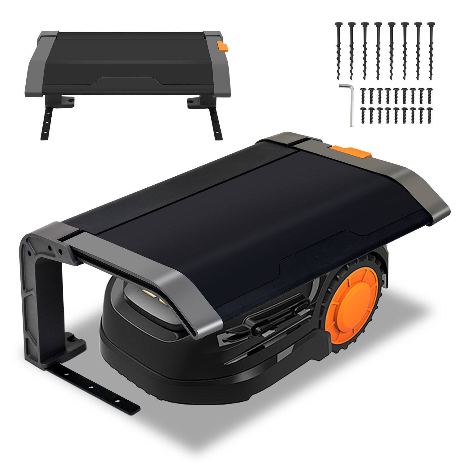 Rasenmäherschutzhaube und Installationskit mit Schrauben, einem L-förmigen Werkzeug und einem Schutzschirm, der das Gerät schützen soll.