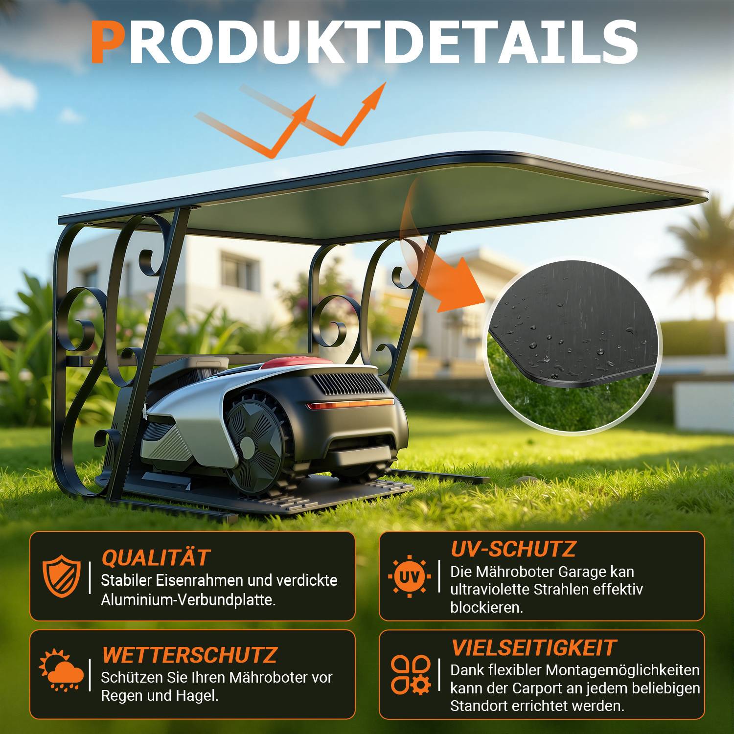 Das Bild zeigt eine Gartenmäher-Garage mit hervorgehobenen Schlüsselfunktionen: robuste Aluminiumplatte, UV-Schutz, Wetterschutz und Vielseitigkeit.