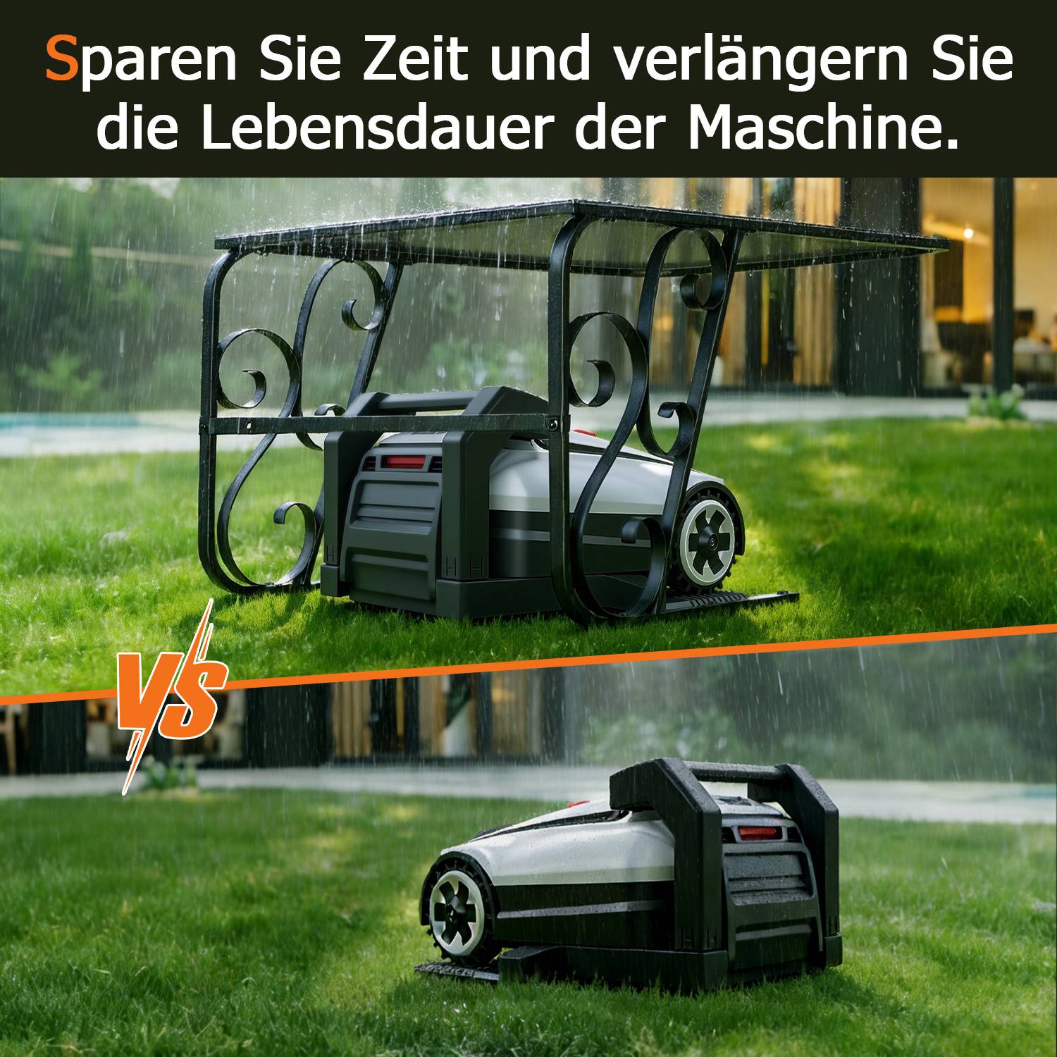 Mähroboter unter einem Schutzdach auf Rasen, mit dem Text: Sparen Sie Zeit und verlängern Sie die Lebensdauer der Maschine.