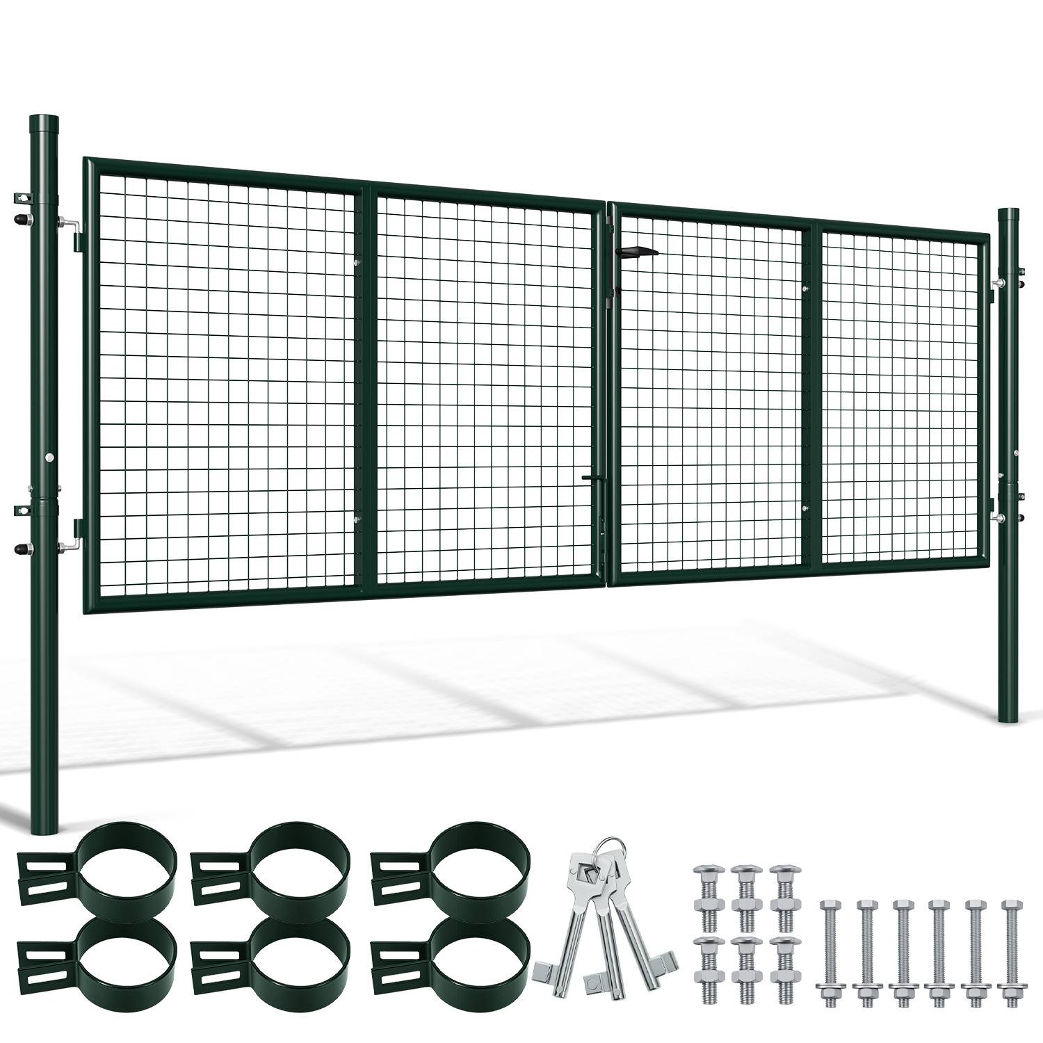 Schwarzes Metalltorgitter mit Montagezubehör umfasst zwei Paneele mit Gittermuster, vier runde Spannvorrichtungen und Installationsbolzen.