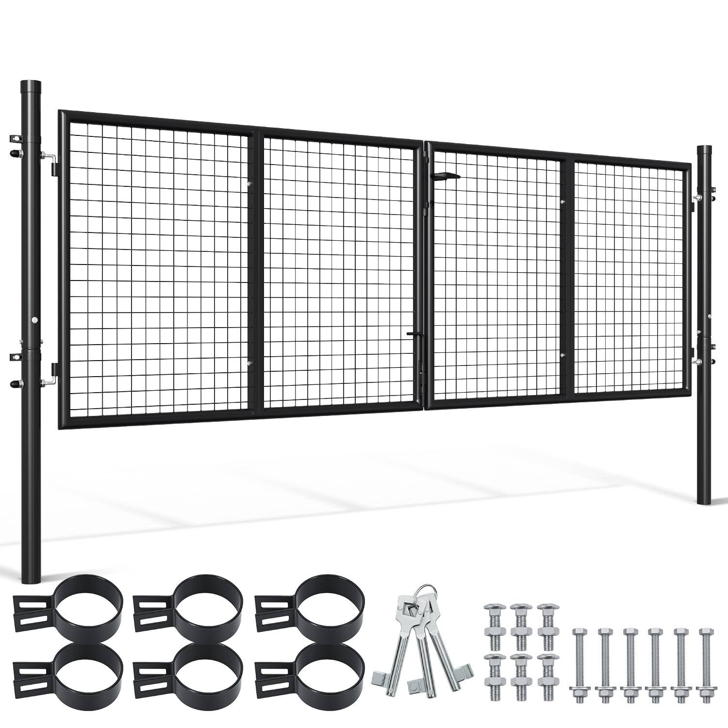 Stahlmaschendrahttür mit schwarzem Rahmen und Montagezubehör-Set, einschließlich Scharniere, Schrauben und Befestigungsklammern, separat dargestellt.