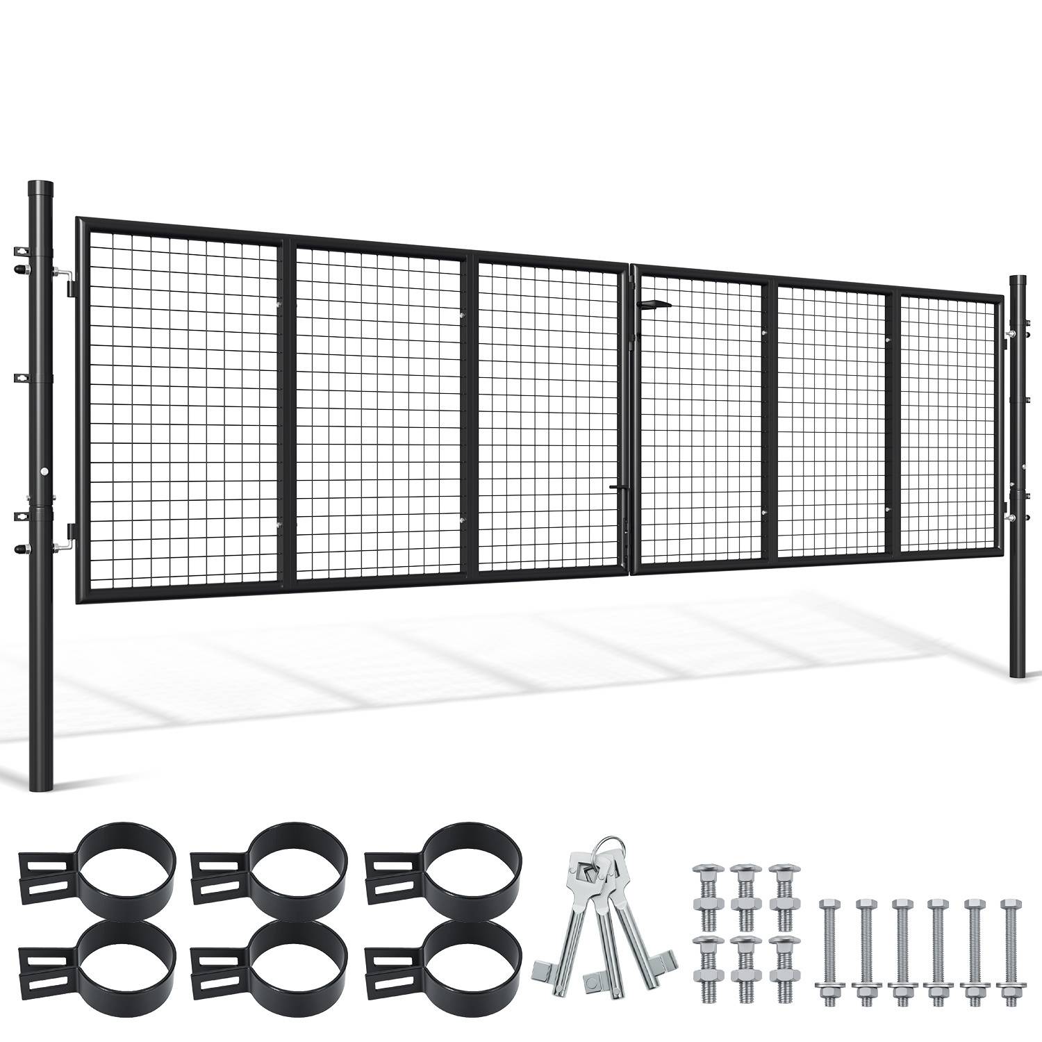 Schwarzes Metallzaunfeld mit Maschenentwurf, dargestellt mit Zubehör einschließlich Montageklammern, Schlüsseln und Schrauben, zur Verwendung bei der Installation.