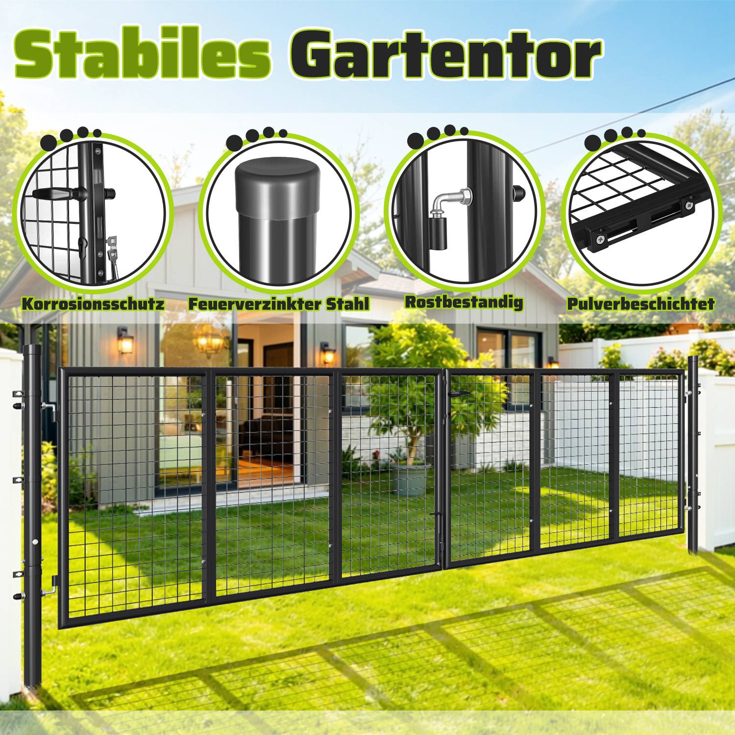 Stabiles Gartentor' über einem Bild eines robusten Gartentors angezeigt. Zu den Funktionen gehören Korrosionsschutz, verzinkter Stahl, Rostbeständigkeit und Pulverbeschichtung.
