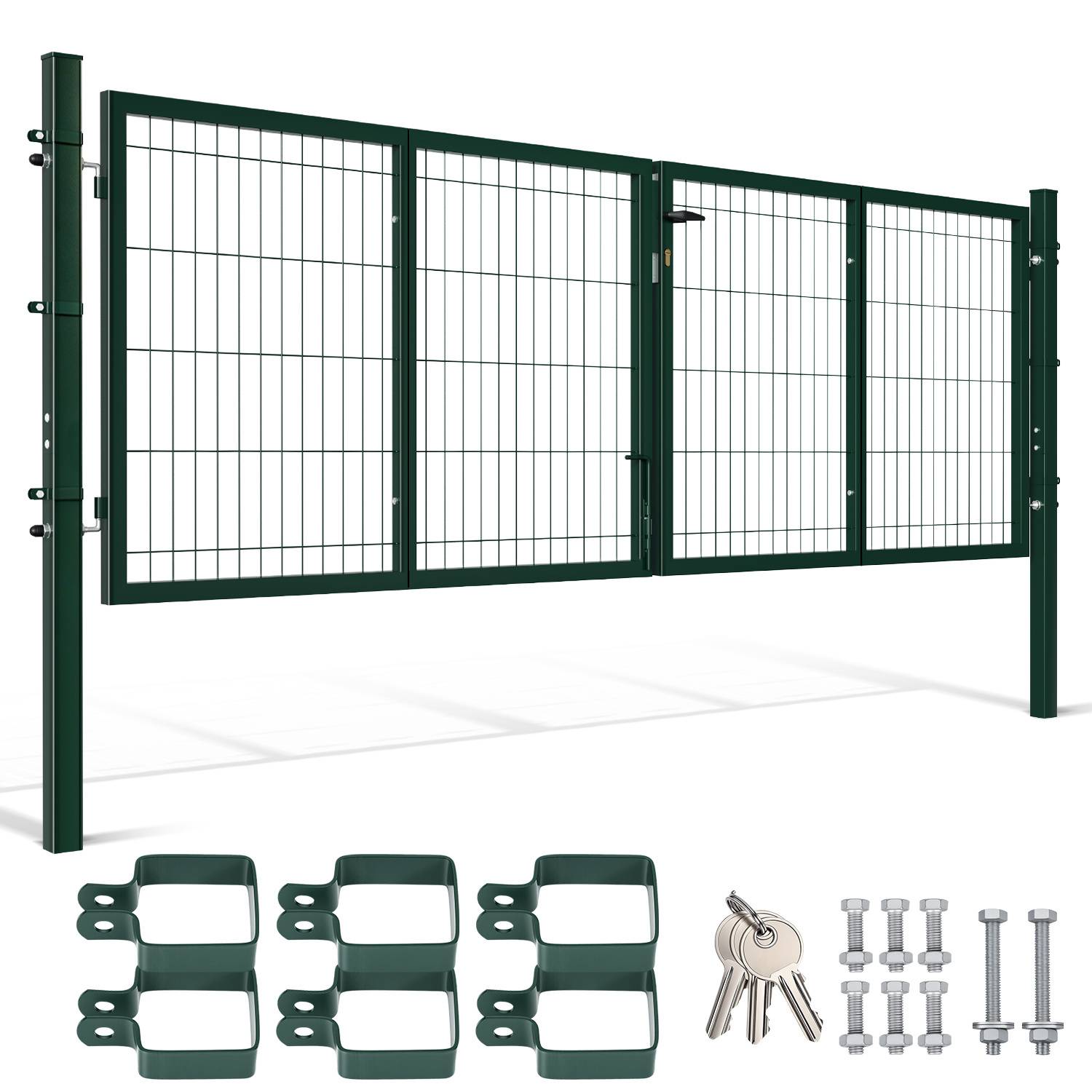Schmiedeeisernes Zauntor mit senkrechten Stäben, zwei angelten Paneelen und Hardware-Set inklusive Befestigungsteile, Bolzen und Schlüsseln, vor weißem Hintergrund abgebildet.