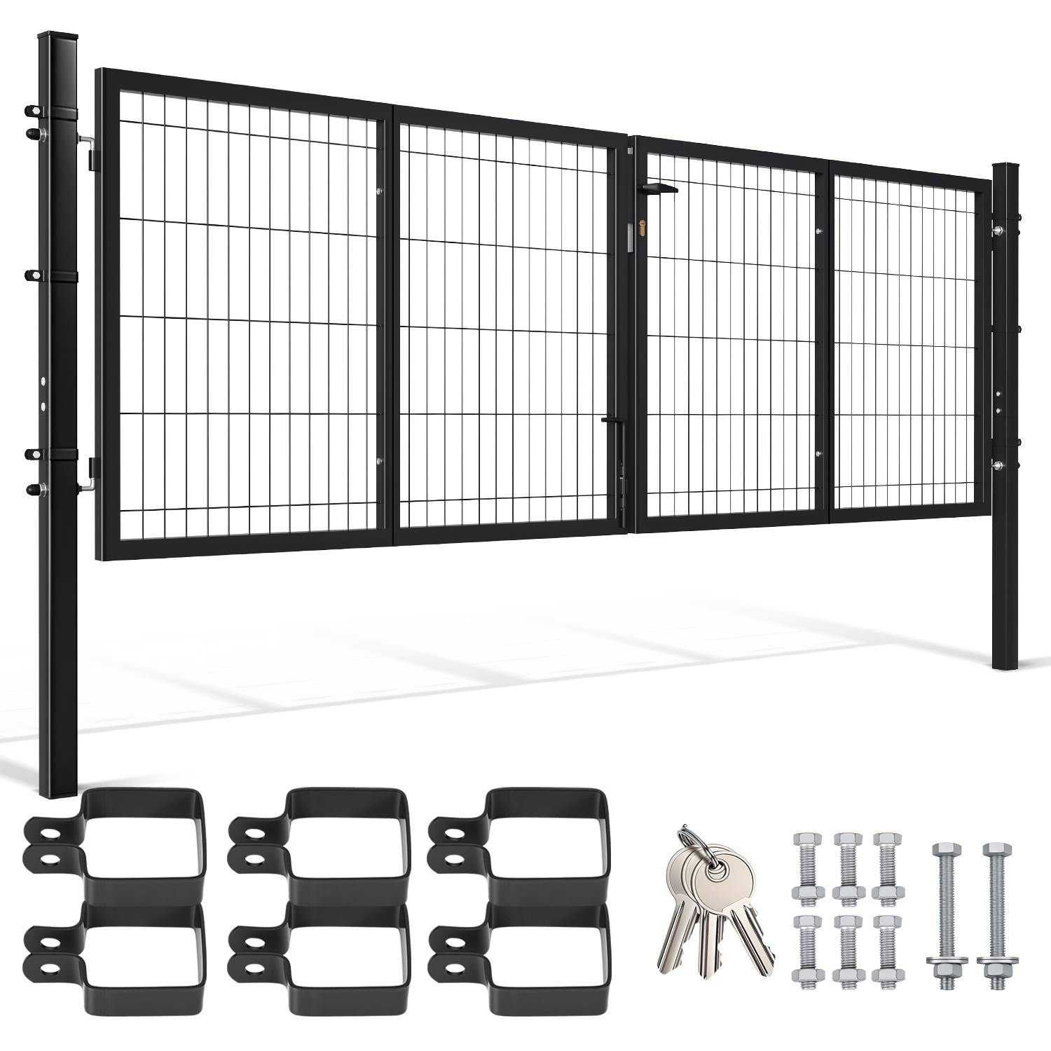 Schwarzes Metallgartentor mit Gittermuster, zwei angebrachte Pfosten und dazugehörige Montagehardware und Schlüssel.