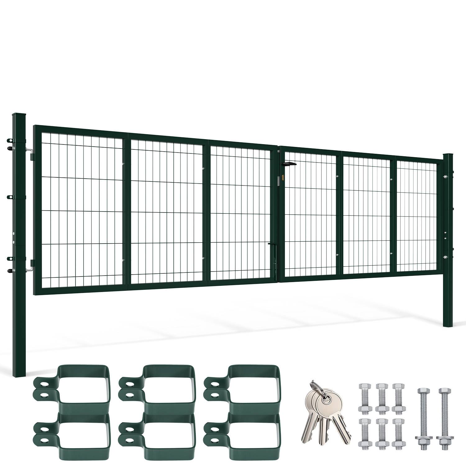 Grünes Metallzauntor mit vier Spannvorrichtungssätzen, Schlüsseln, Bolzen und Muttern in Vorderansicht dargestellt. Ideal zum Sichern von Gärten oder Höfen.