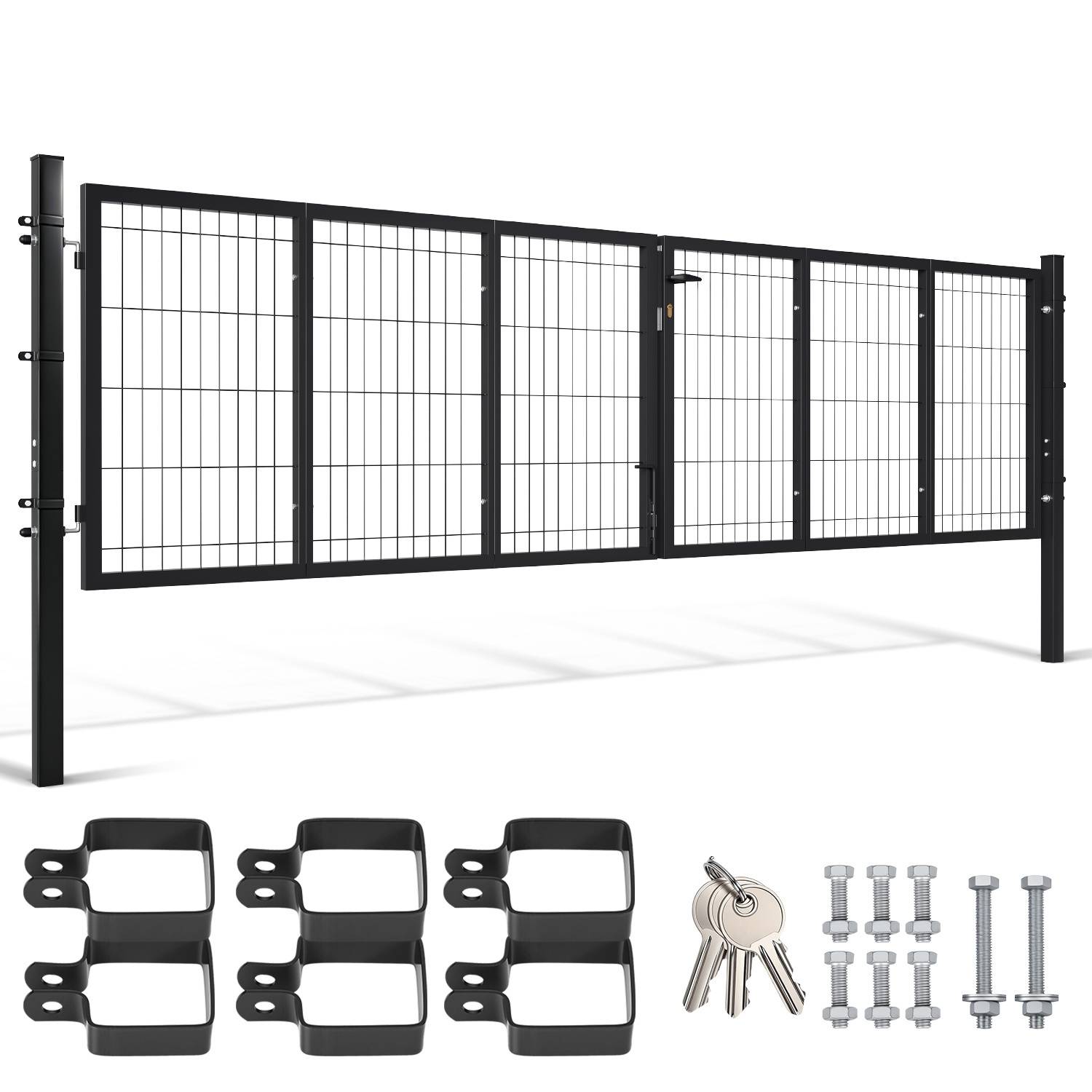 Metall-Zaunfeld mit Montageklammern, Schrauben und Schlüsseln wie unten dargestellt. Das Feld hat einen schwarzen Rahmen und ein Drahtgeflecht-Design. Geeignet für den Außenbereich.