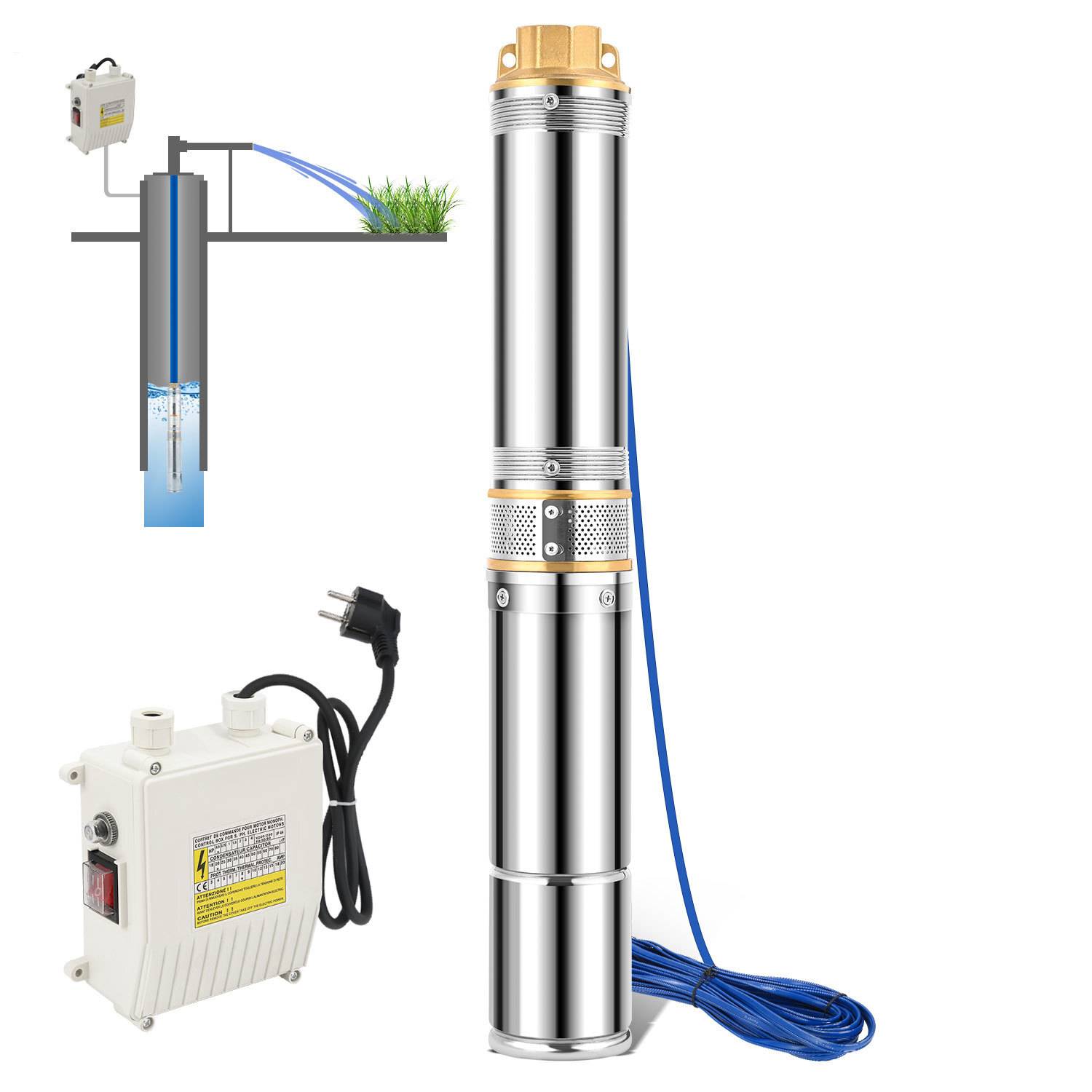 Eine tragbare Tauchpumpe, die mit Verdrahtung und einem Diagramm dargestellt ist, das ihren Installationsprozess veranschaulicht. Zu den Merkmalen gehören ein Stromkabel und eine Steuerbox.