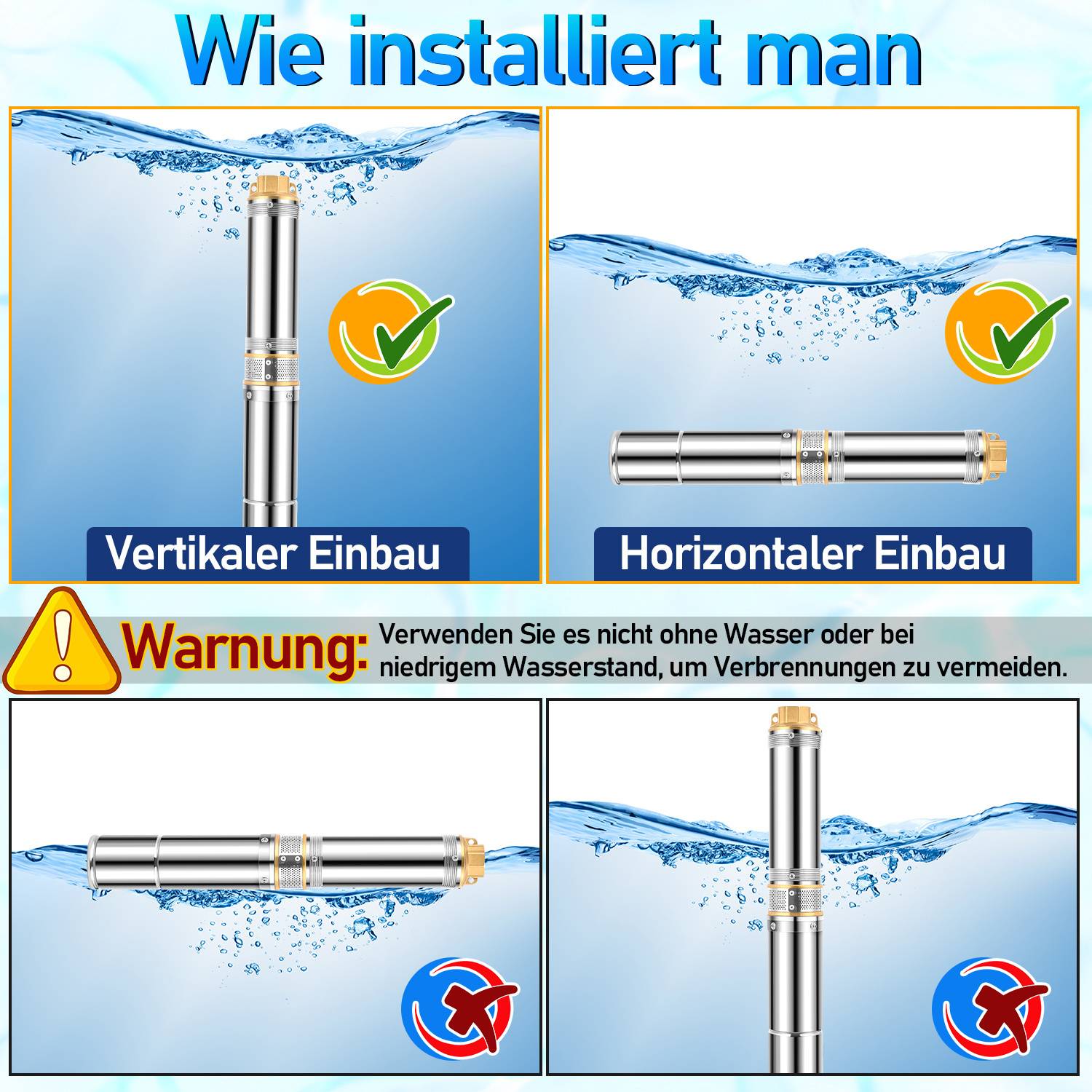 Wie installiert man' zeigt richtige Positionen: vertikal und horizontal für eine Heizinstallation, inklusive Warnung vor Wasserstand.
