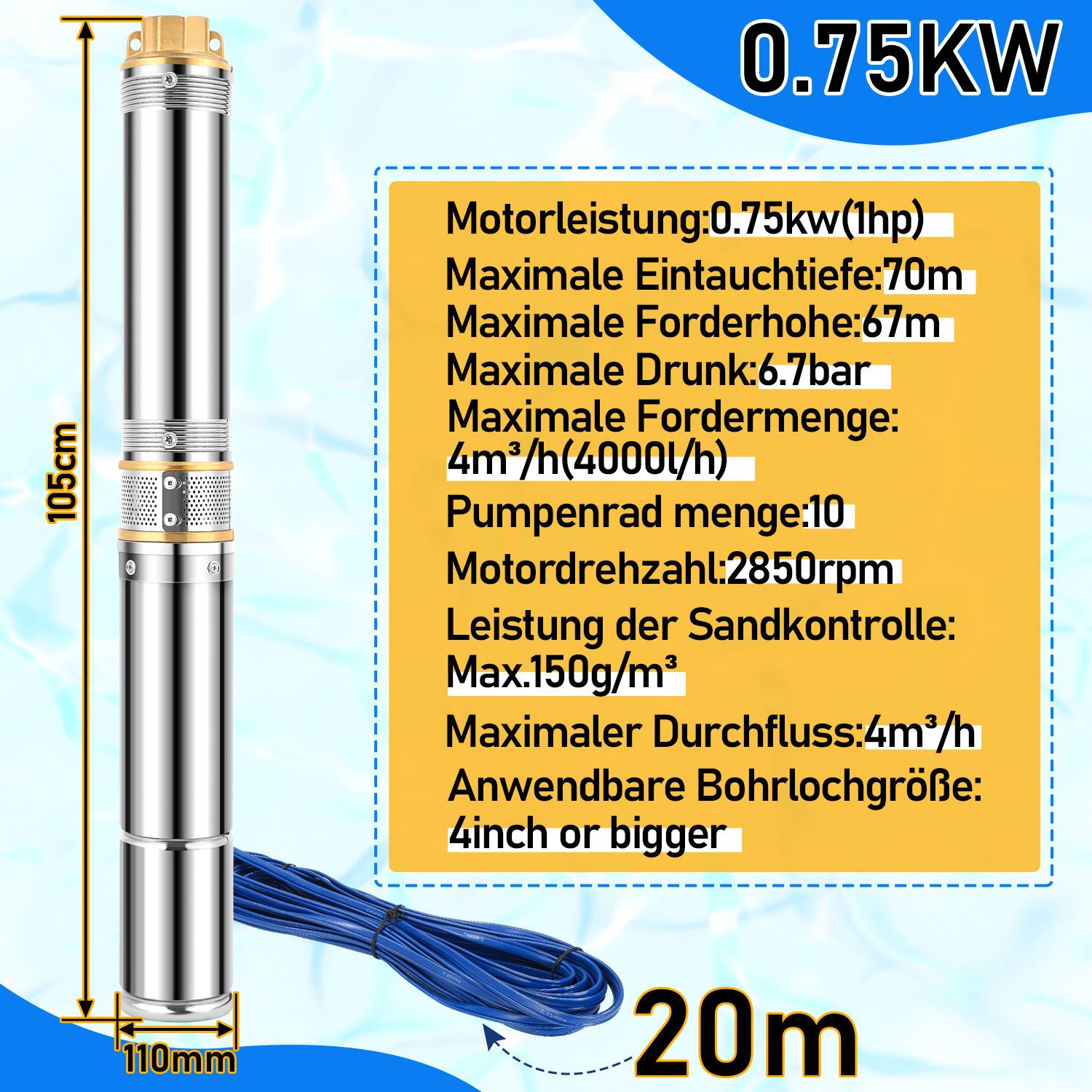 Spezifikationsblatt für Tauchpumpe: Leistung 0,75 kW, Motorleistung 1 PS, maximale Tiefe 70 m, Durchsatz 67 m³/h, 4-Zoll-Bohrung, 4 m³/h Durchsatzleistung.