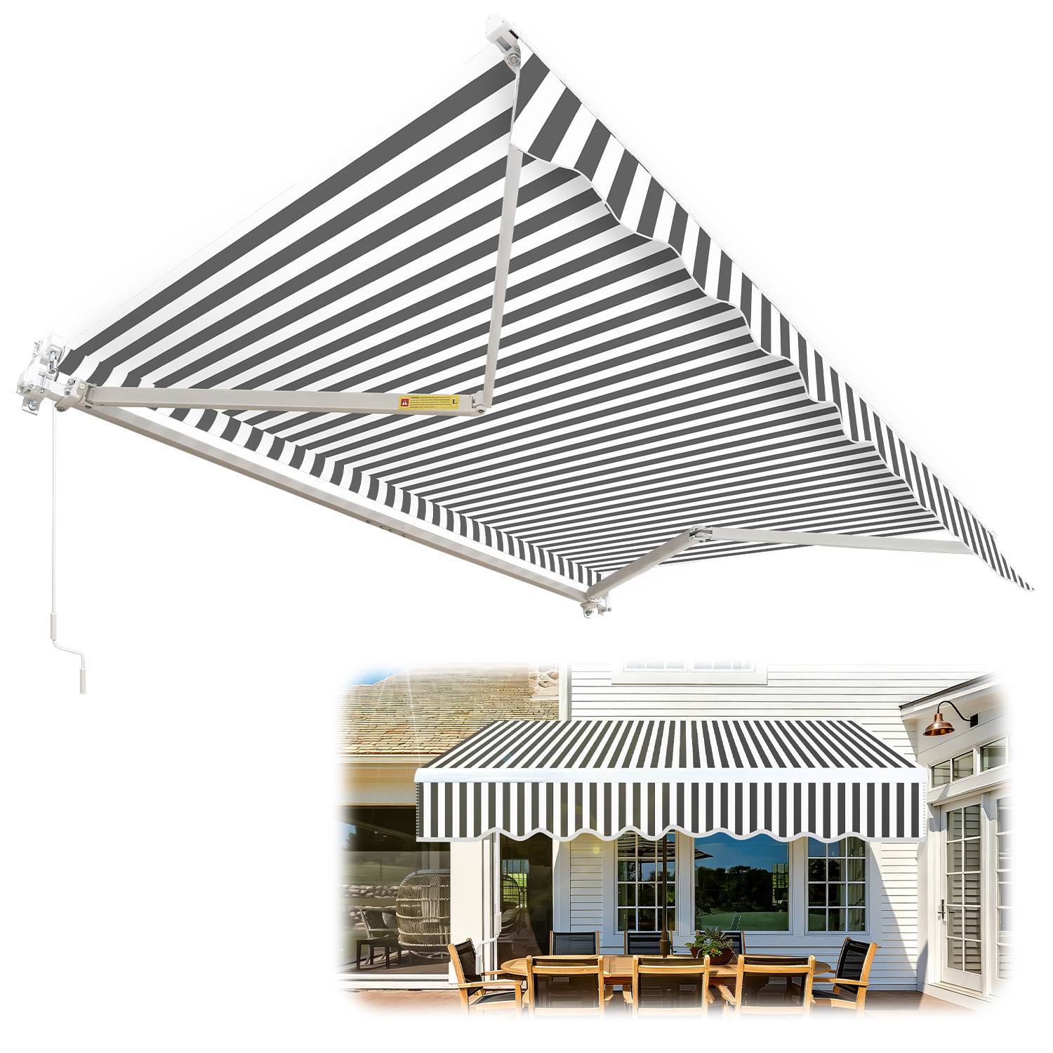 Einziehbare schwarz-weiß gestreifte Markise, die über eine Terrasse ausgefahren ist, mit einem kleinen eingefügten Bild, das dieselbe Markise an einem Haus befestigt zeigt.