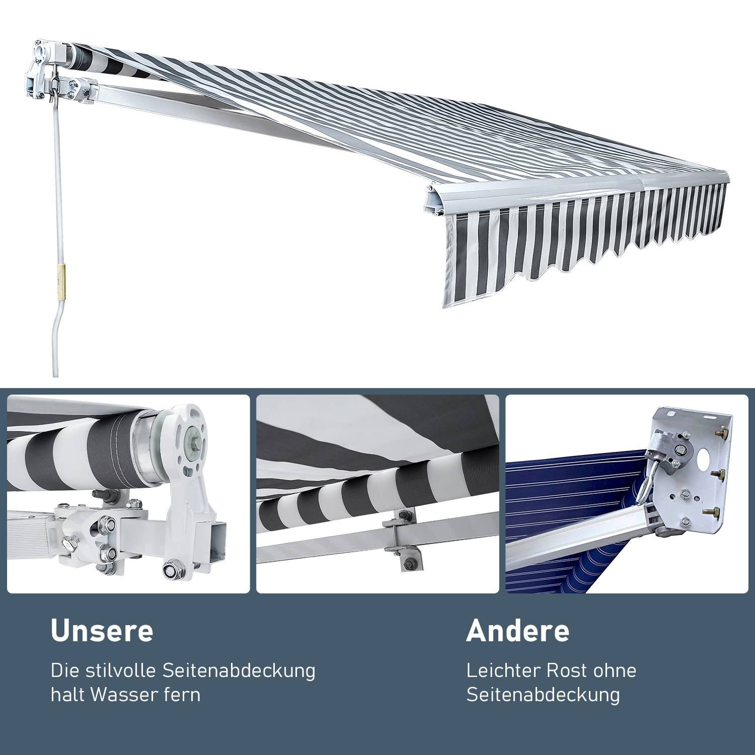 Blau gestreiftes Sonnensegel mit weißen Streifen und Stützstruktur, wobei Seiten mit und ohne seitlichem Schutz verglichen werden. Eines hält Wasser ab.