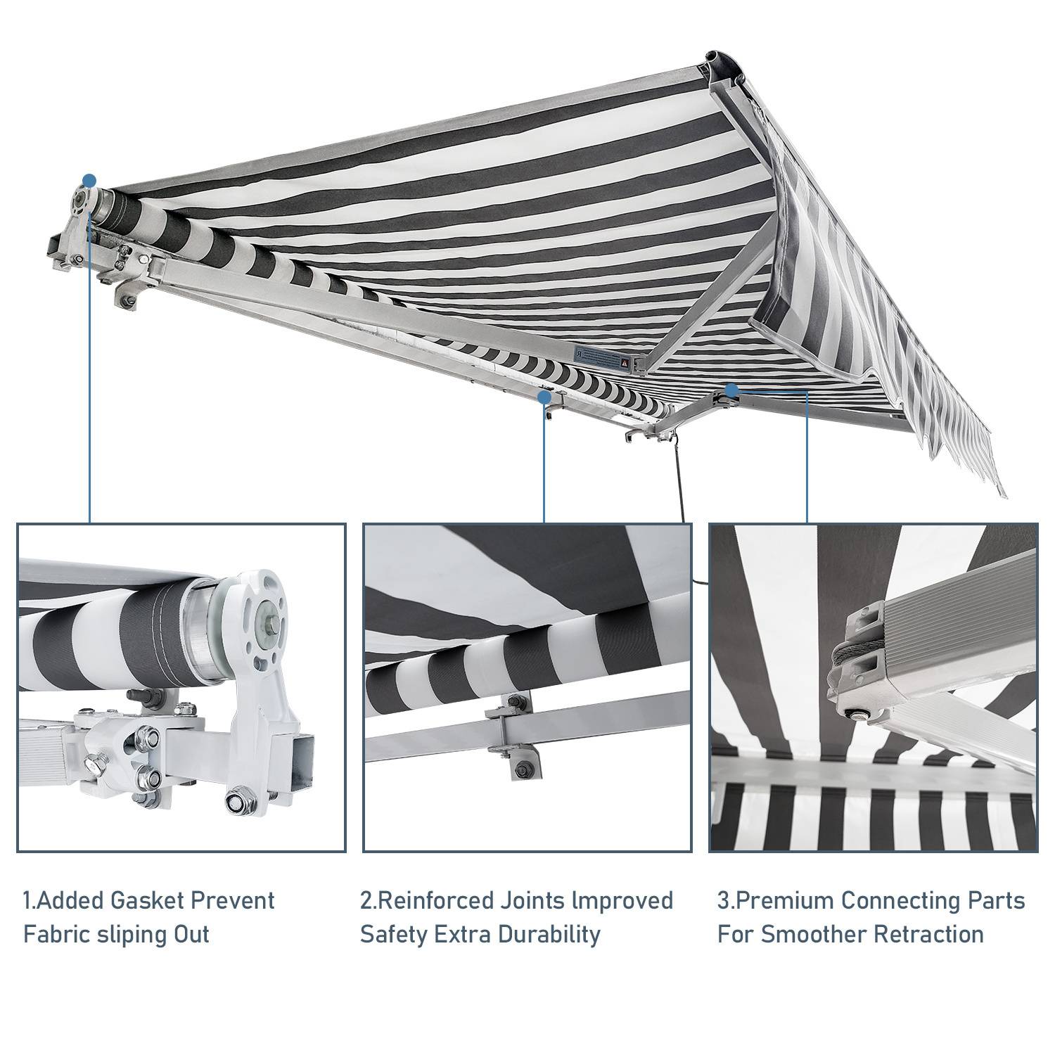 Einziehbare Markise mit Streifenmuster mit folgenden Merkmalen: zusätzliche Dichtung zur Vermeidung von Stoffrutschen, verstärkte Verbindungen für Langlebigkeit, hochwertige Teile für reibungsloses Einfahren.