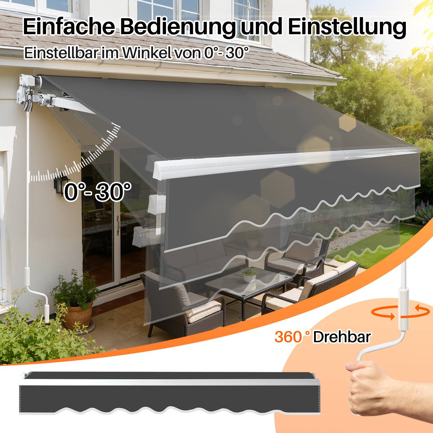 Eine ausfahrbare Markise erstreckt sich über eine Terrasse und ist von 0° bis 30° verstellbar. Die Illustration zeigt ihren rotierenden Griffmechanismus und Winkelbereich.