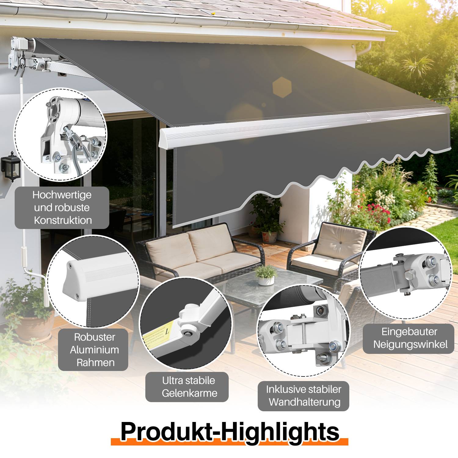 Outdoor-Terrasse mit einfahrbarem grauem Markisendach. Highlights: robustes Aluminium, stabile Arme, Wandmontage, verstellbarer Winkel, langlebiges Design.