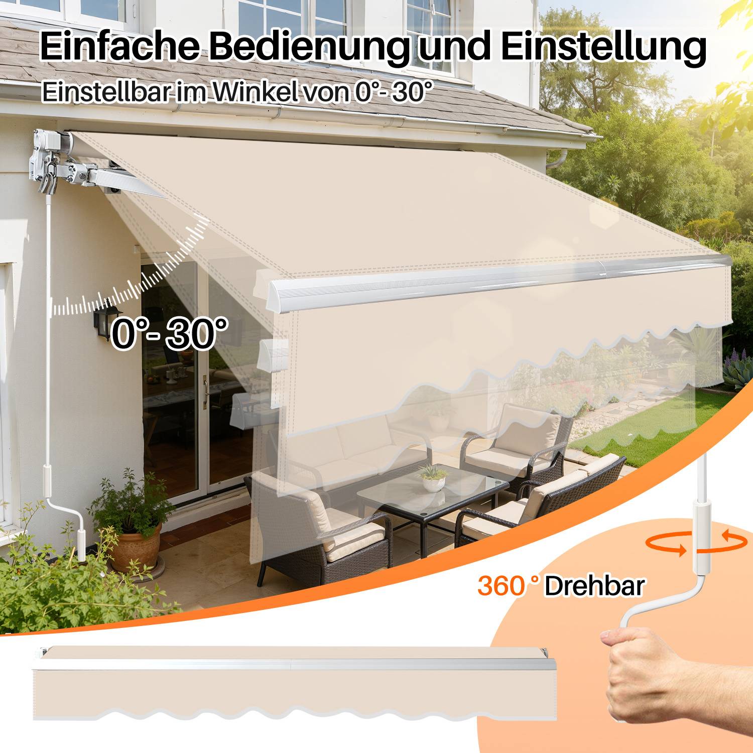 # Verstellbares Terrassenvordach mit Winkeln von 0° bis 30° gekennzeichnet. Der Text besagt 