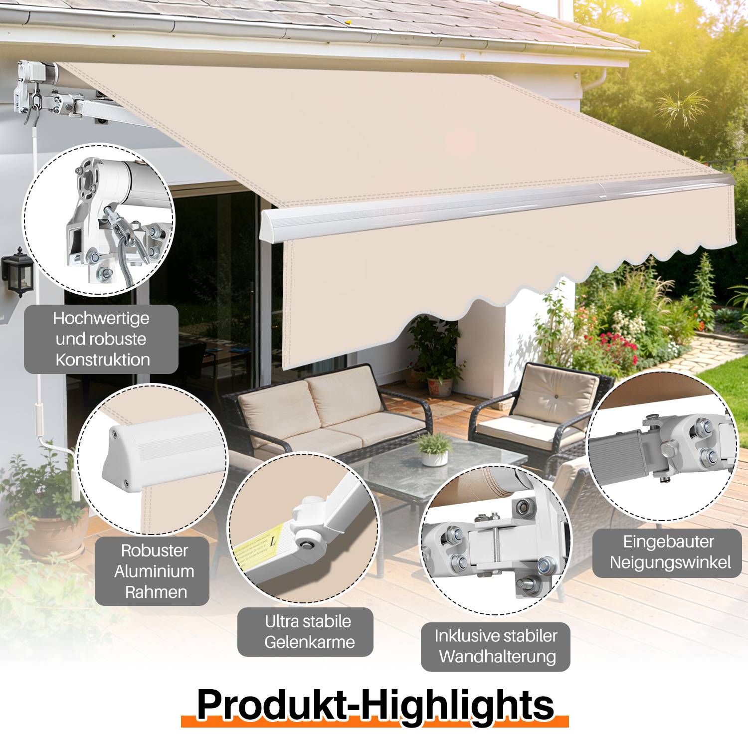 Einziehbares Markisen über Terrassenmöbeln, beschriftete Merkmale zeigen robuste Konstruktion, Aluminiumrahmen, stabile Wandmontage und verstellbare Neigung.