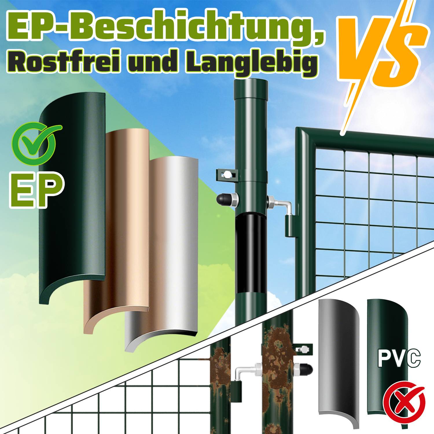 EP-Beschichtung, Rostfrei und Langlebig VS PVC' mit Häkchen- und Kreuzsymbolen. Das Bild vergleicht EP-Beschichtung mit PVC auf Zaunteilen.