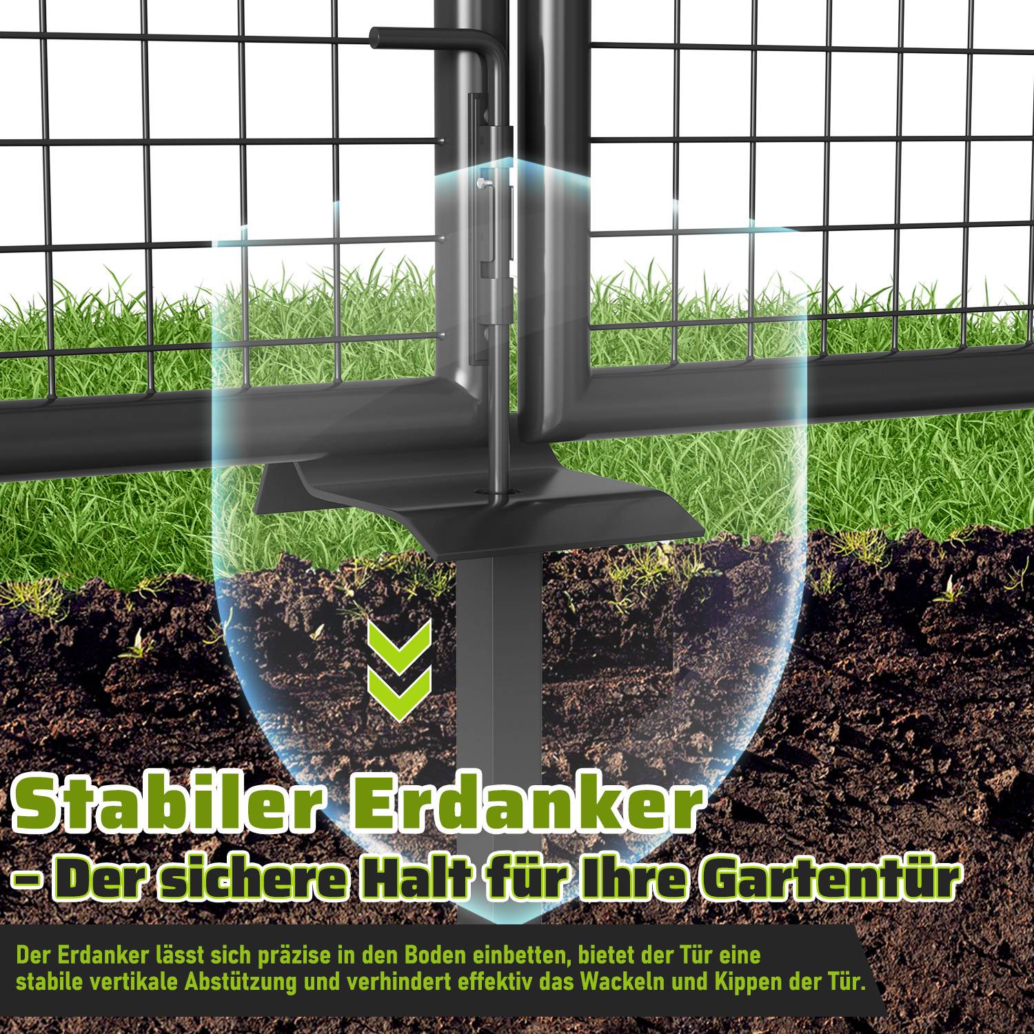 Ein Gartentorpfosten, der sicher im Boden verankert ist, und Stabilität zeigt mit dem Text: „Stabiler Erdanker - Der sichere Halt für Ihre Gartentür