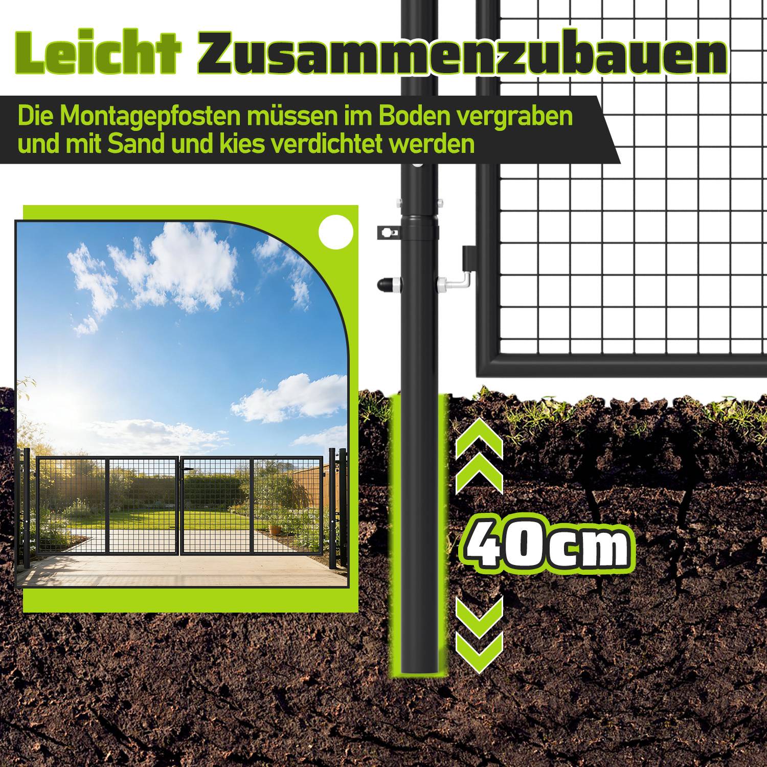 Ein Metallzaun mit Netzgewebe, teilweise in die Erde eingelassen mit einem Bannertextschriftzug 'Leicht Zusammenzubauen.' Pfeile weisen auf die Höhe von '40 cm' hin.