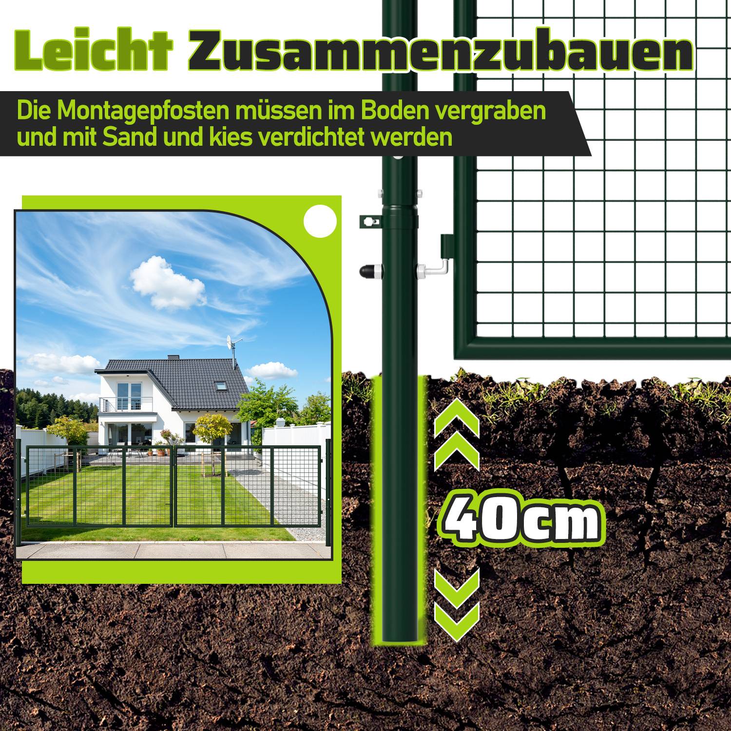 Ein hohes schwarzes Metallzaun mit einem 40 cm tiefen unterirdischen Pfosten ergänzt ein modernes Haus und einen modernen Garten. Der Text auf Deutsch lautet „Einfach zu montieren