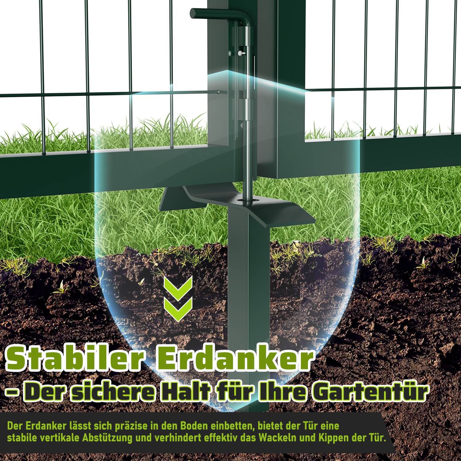 Eine Nahaufnahme eines robusten Erdankers, der einen Gartentorpfosten sichert und wirksame Stabilisierungsmerkmale zeigt. Der Text lautet: „Stabiler Erdanker – Der sichere Halt für Ihre Gartentür