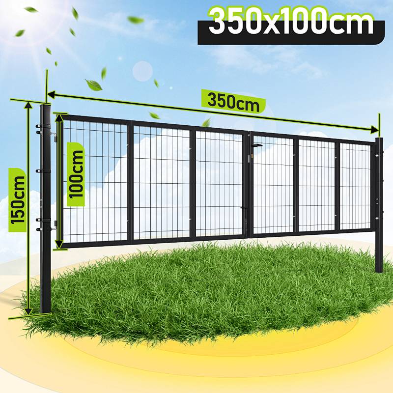 Metallzaun-Element, 350x100 cm, mit einer Höhe von 150 cm. Umgeben von Gras, mit schwarzen Stäben, während Blätter im Hintergrund umherwehen.